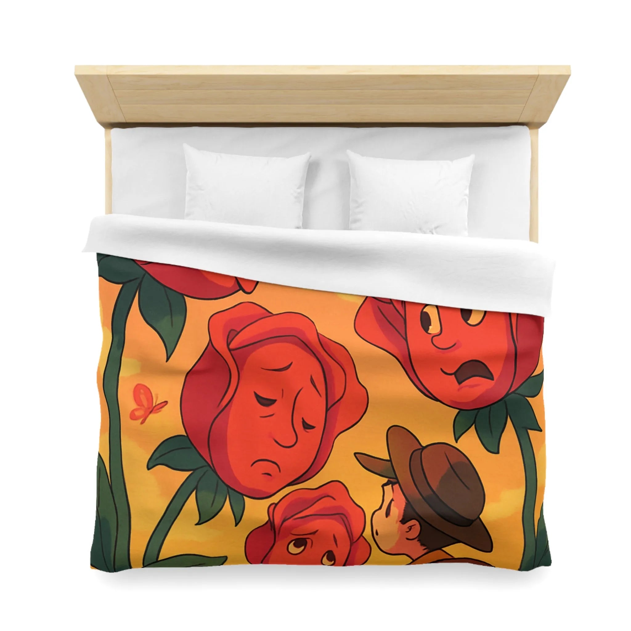 Housse de couette avec roses animées et papillons pour chambre douce et colorée