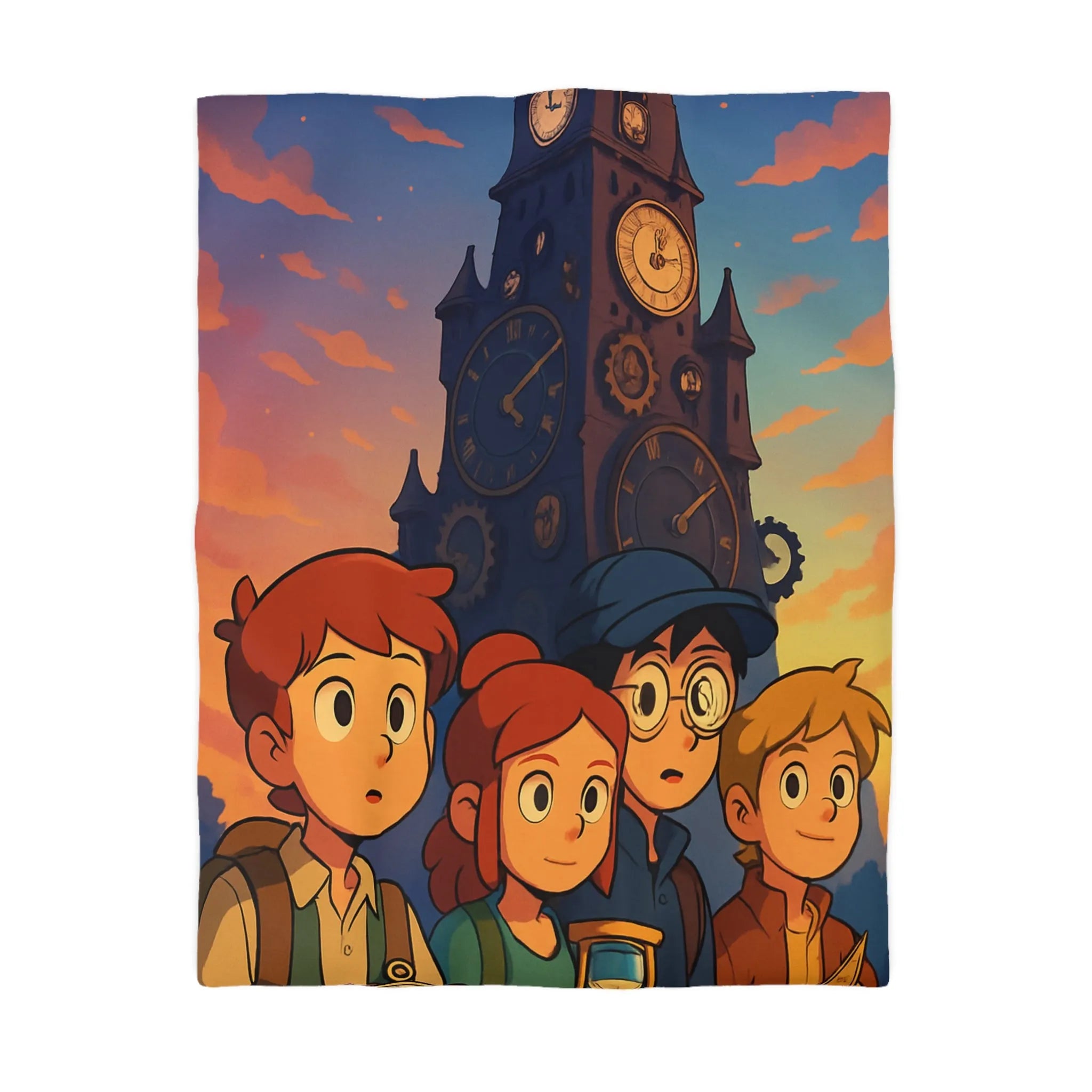 Housse de couette illustrée aventure jeunesse horloges coucher de soleil style animé vibrant