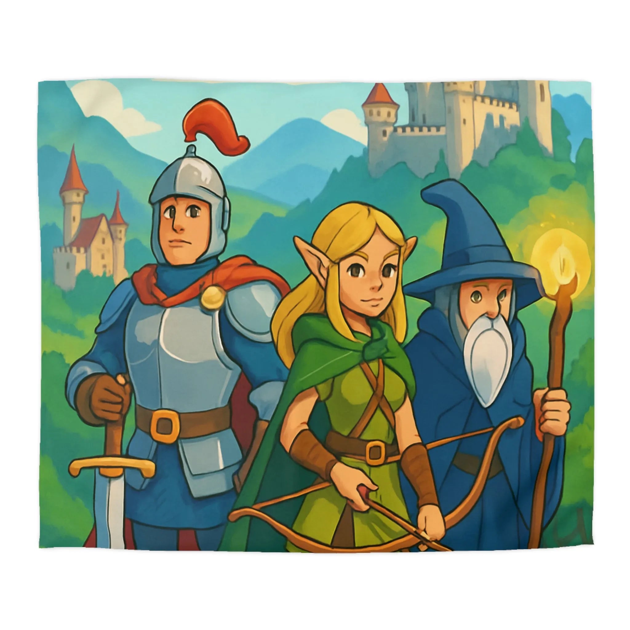Housse de Couette Fantasy avec Chevalier, Archer Elf, Magicien, Château et Dragons