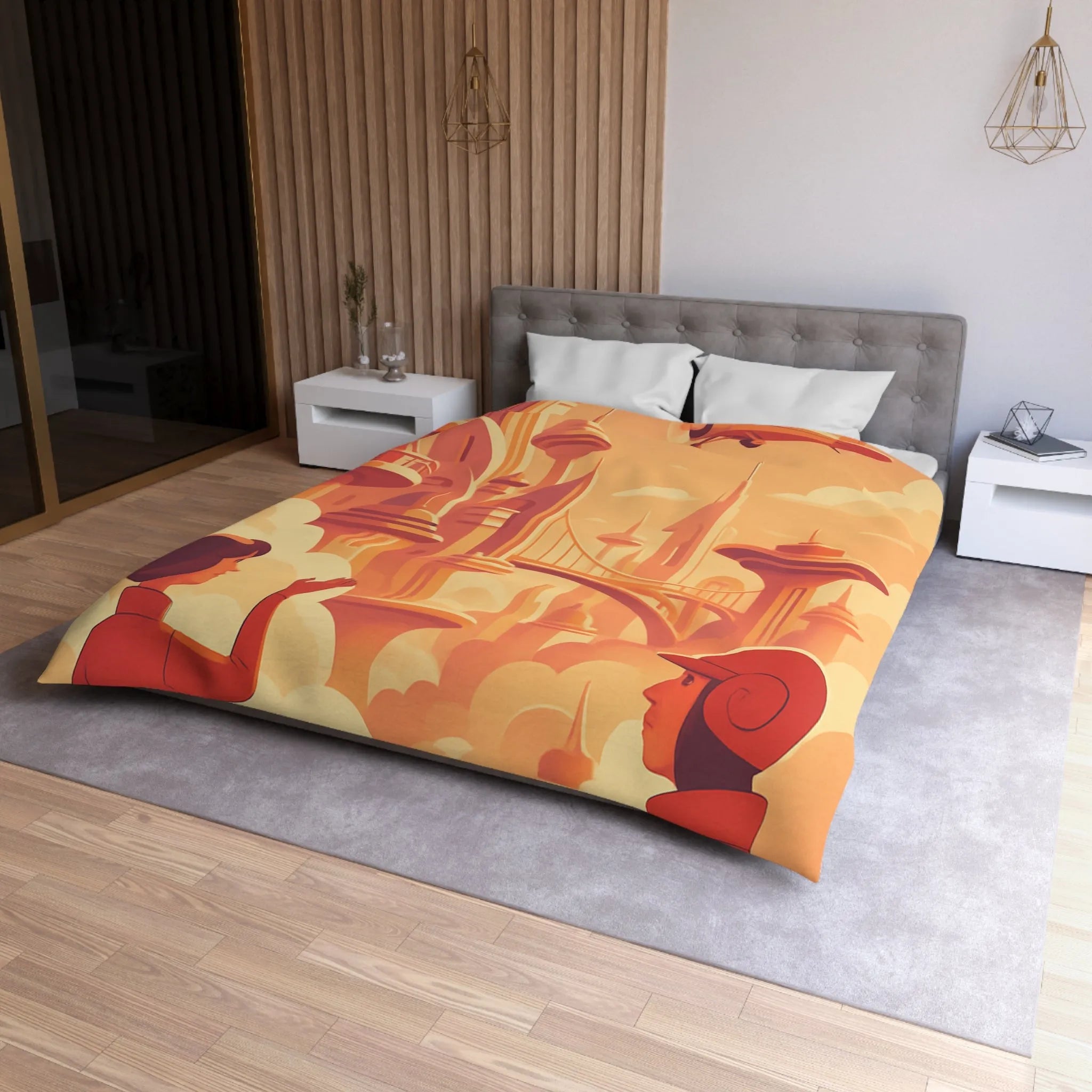 Housse de Couette Art Déco Futuriste avec Avion dans Ciel Orange et Ville Flottante