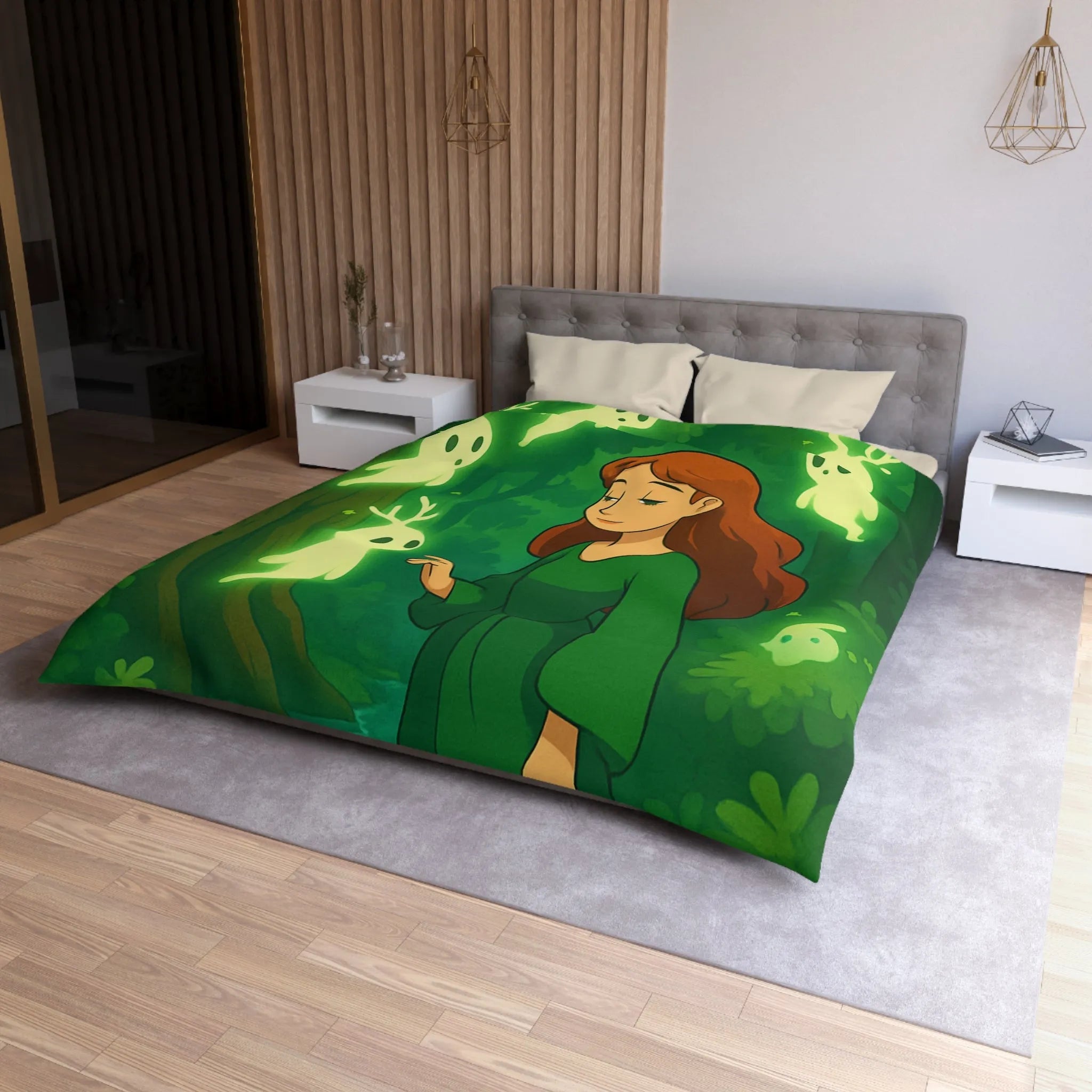 Housse de couette enchantée avec esprits lumineux dans une forêt mystérieuse et verdoyante