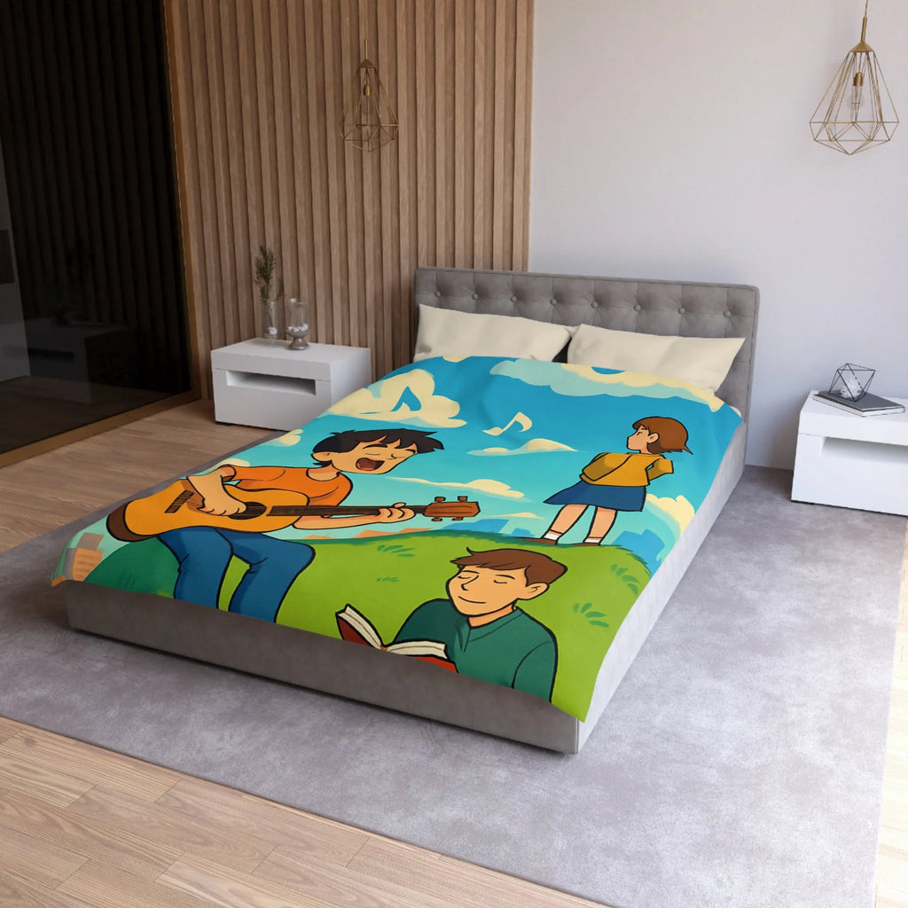 Housse de couette avec personnages chantant et lisant sur colline ensoleillée