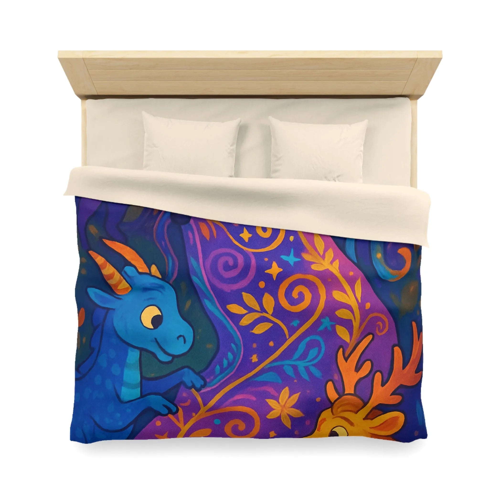 Housse de Couette Féérique Avec Créatures Magiques Colorées et Motif Floral Envoûtant