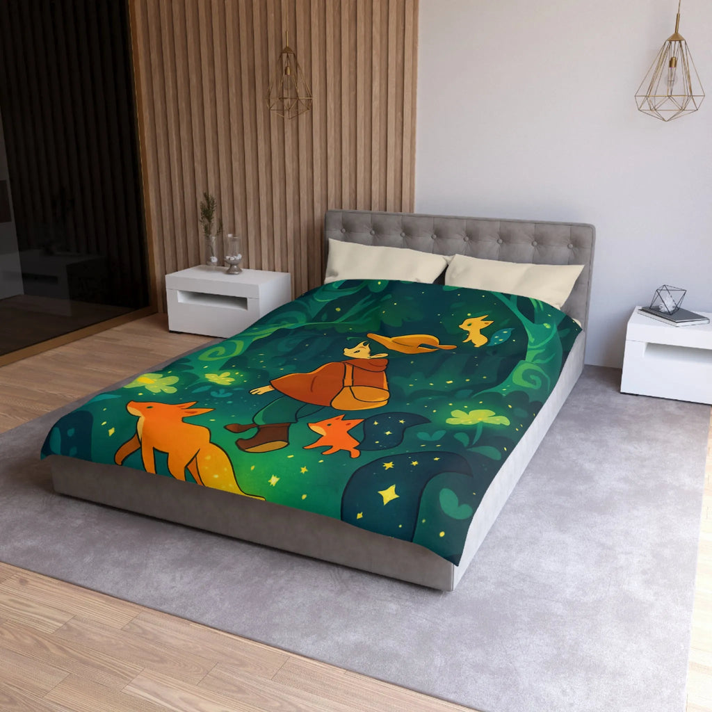 Housse de Couette Forêt Enchantée Enfants Renards Orange Jaune Vert Fantaisie Nuit