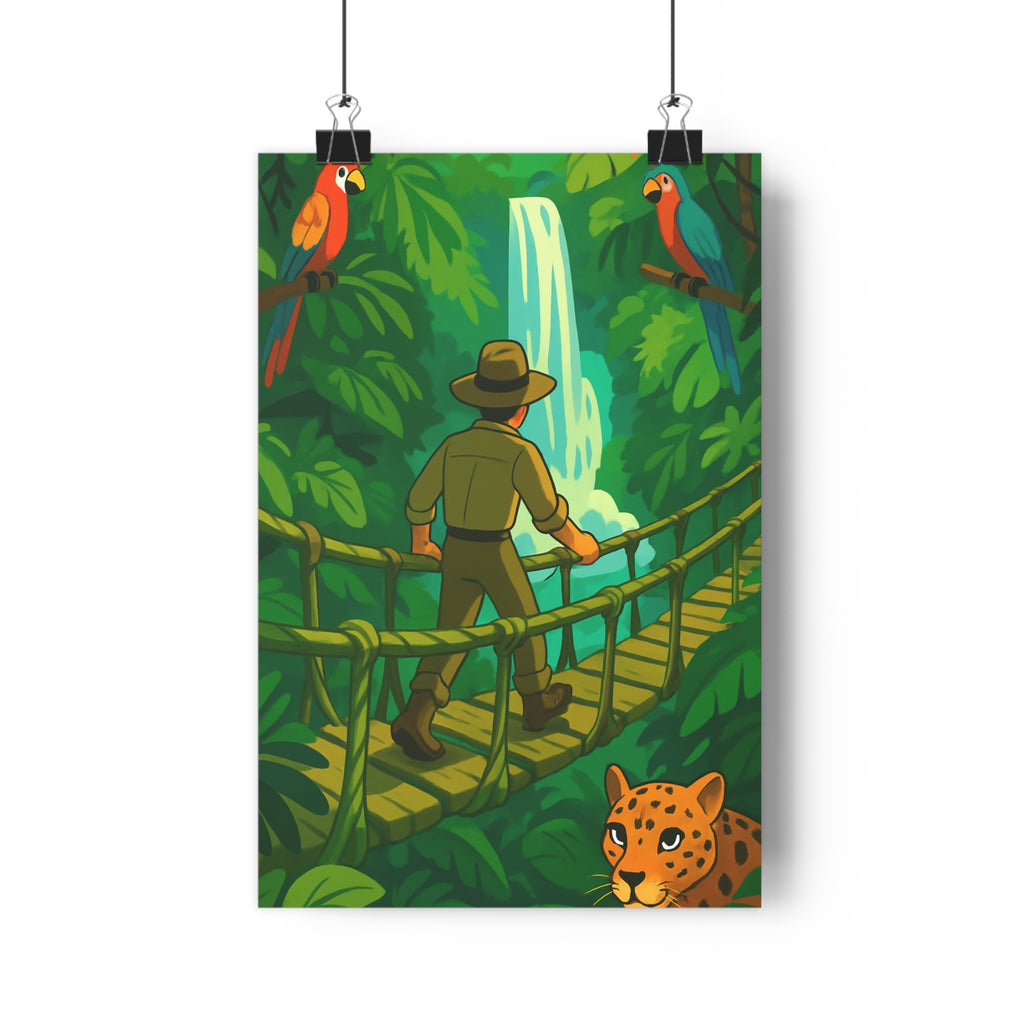 Poster décoratif aventure jungle vert rouge bleu cartoon exotique salon chambre explorateur cascade perroquet