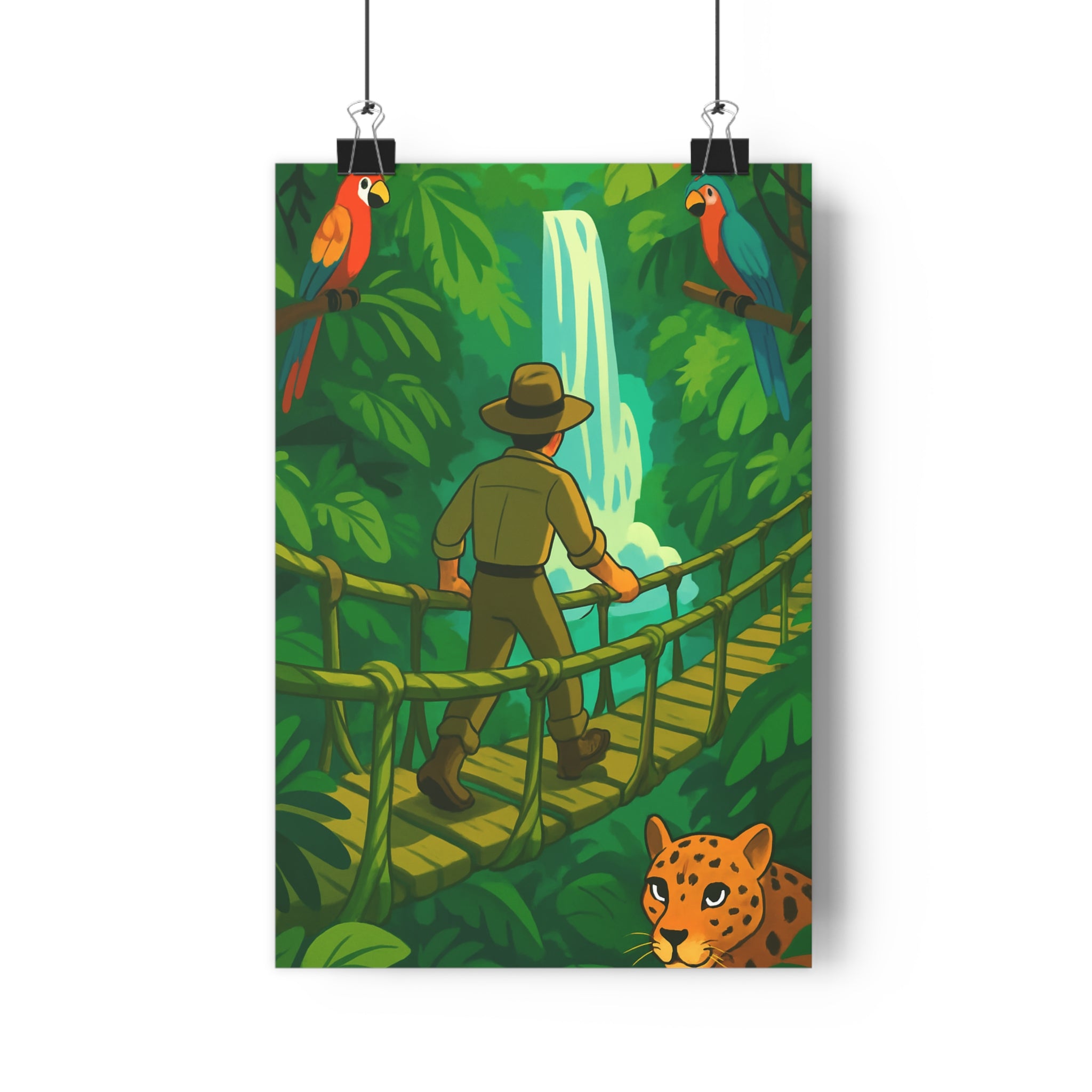 Poster décoratif aventure jungle vert rouge bleu cartoon exotique salon chambre explorateur cascade perroquet