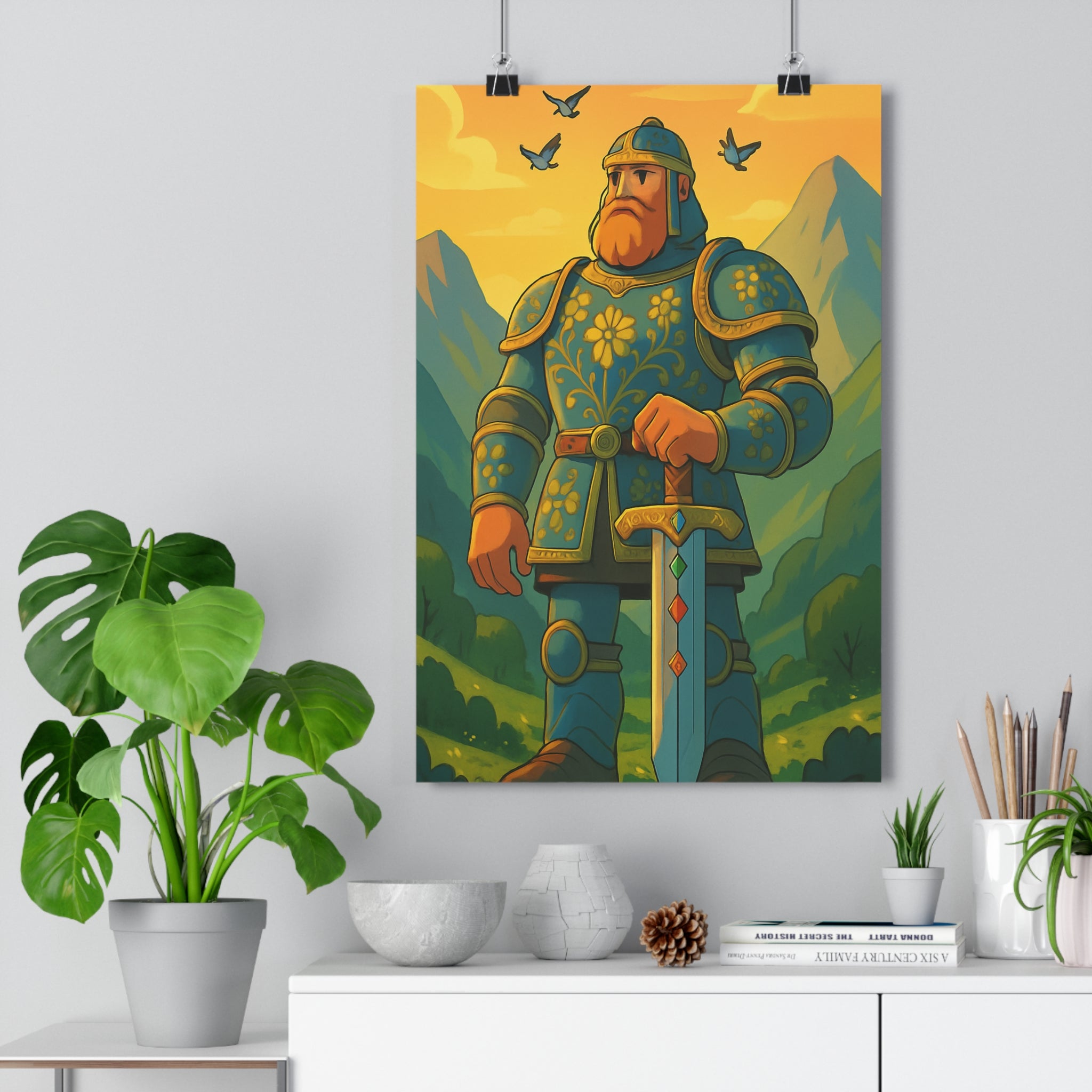 Poster décoratif épique aventure guerrier colosse armure bleu montagnes salon chambre bureau moderne qualité