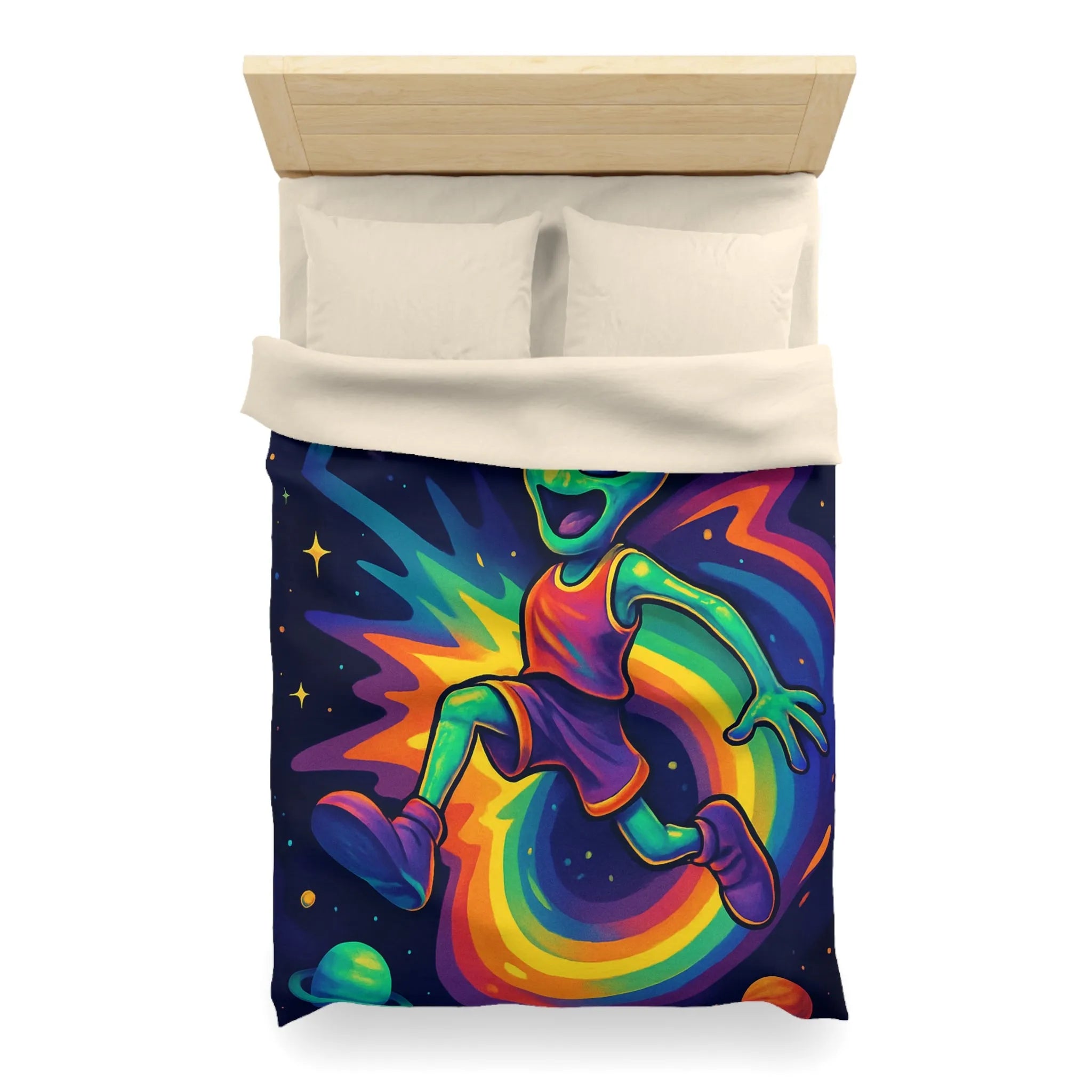 Housse de couette colorée avec alien jouant au basket dans l'espace intergalactique étoilé