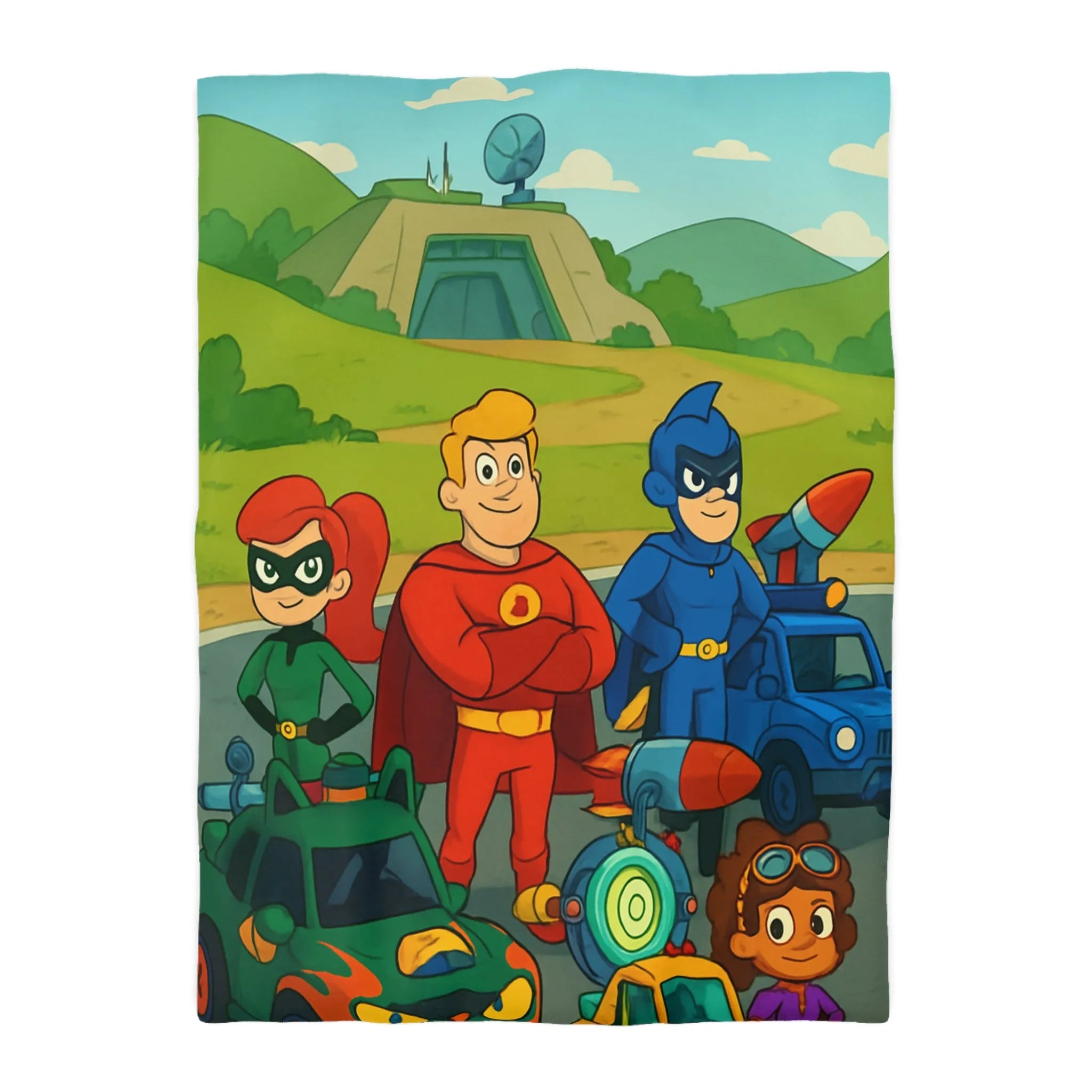 Housse de couette enfant avec super-héros et véhicules colorés dans paysage cartoon vibrant