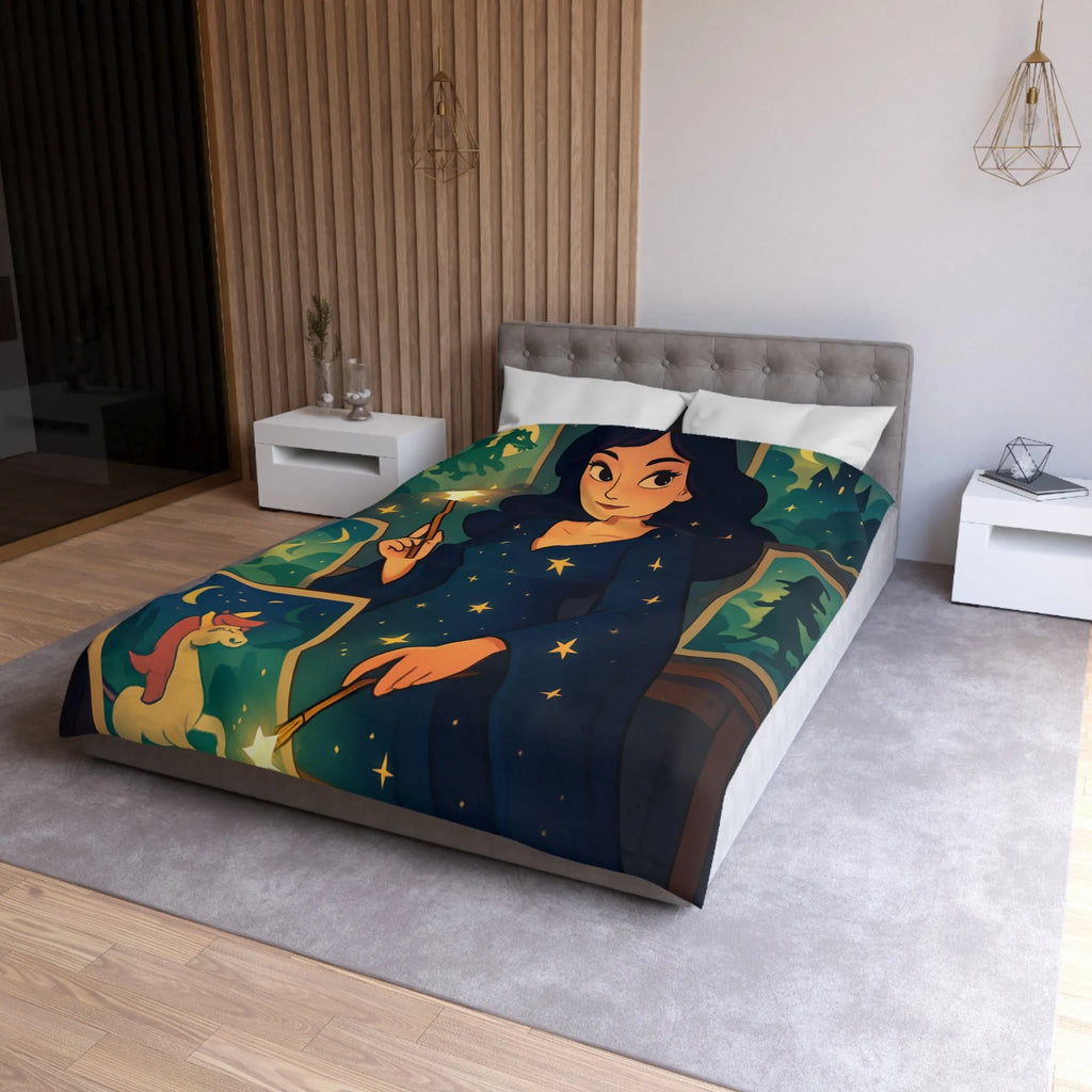 Housse de couette magique avec motif étoilé et créatures fantastiques pour chambre féérique