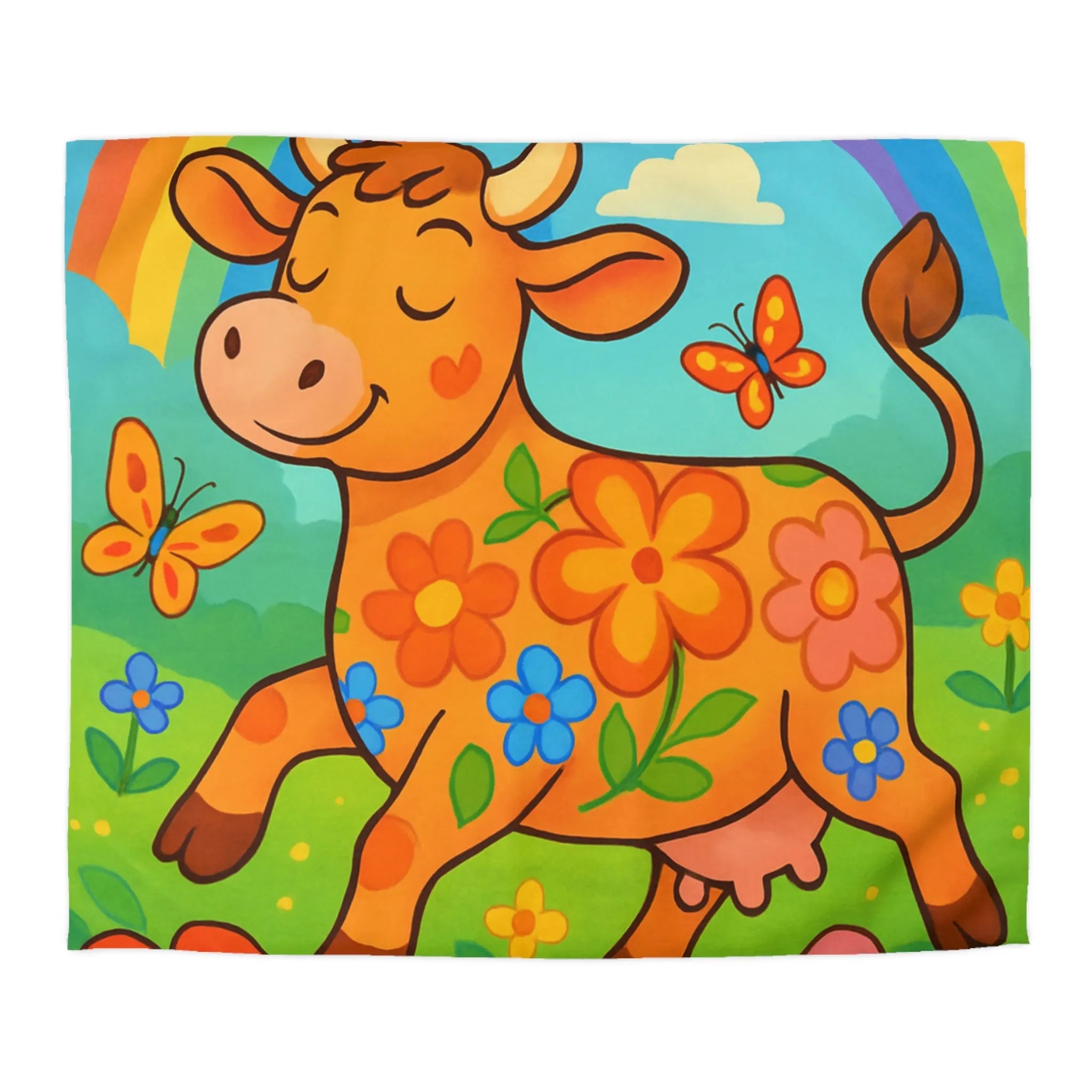 Housse de Couette Enfant Joyeuse Vache Orange Sous Arc-en-Ciel et Papillons Colorés