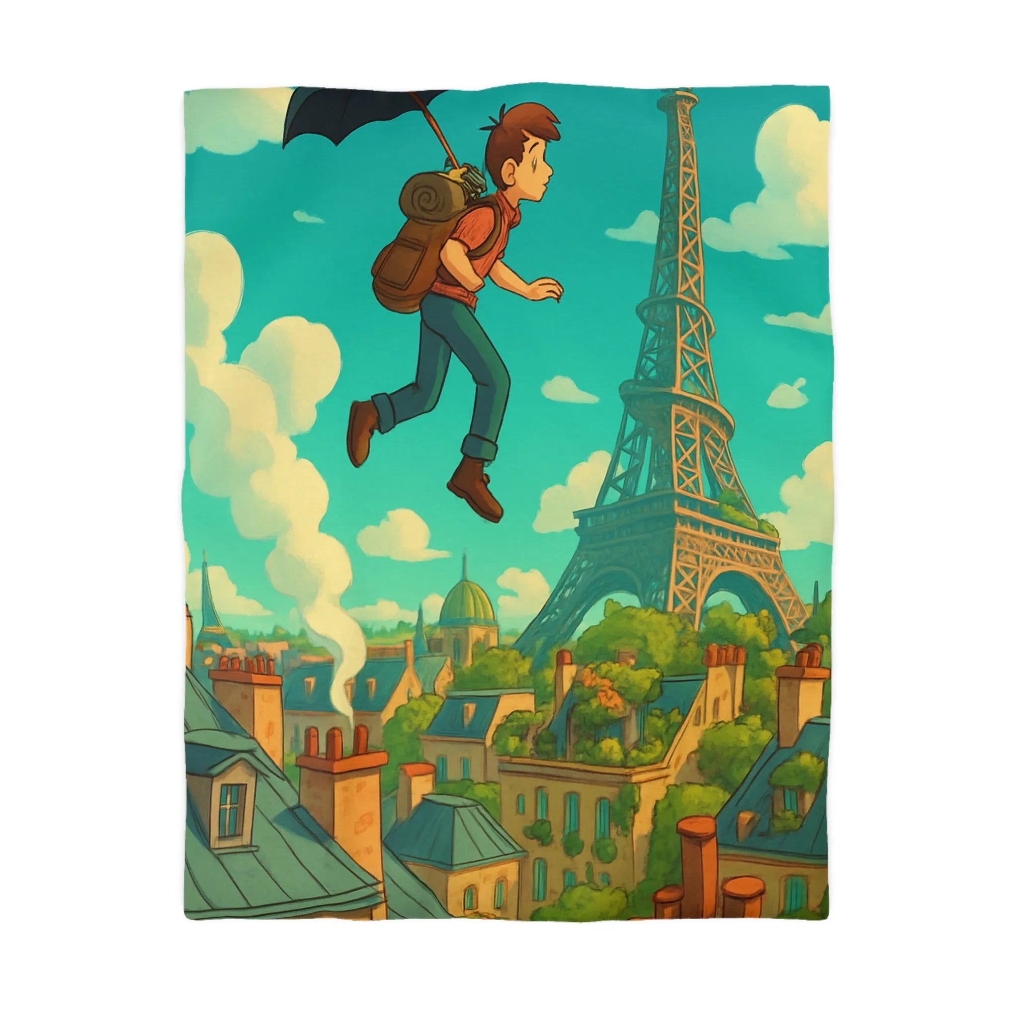 Enchanted Parisian Flight: Kid Floating Above Cityscape with Umbrella and Backpack