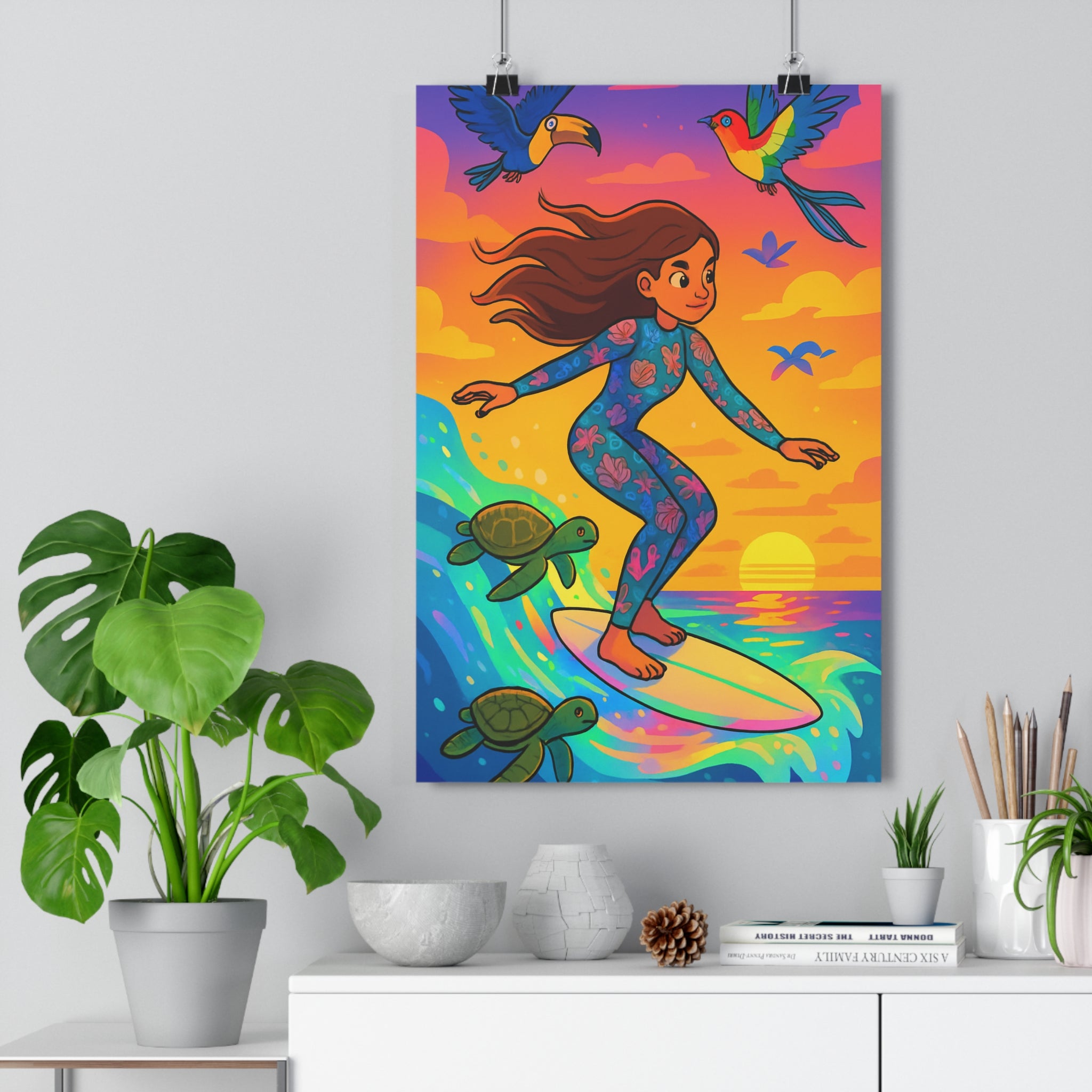 Poster décoratif cartoon vibrant océan coloré surfeuse exotique joyeux salon chambre enfant dynamique tortues
