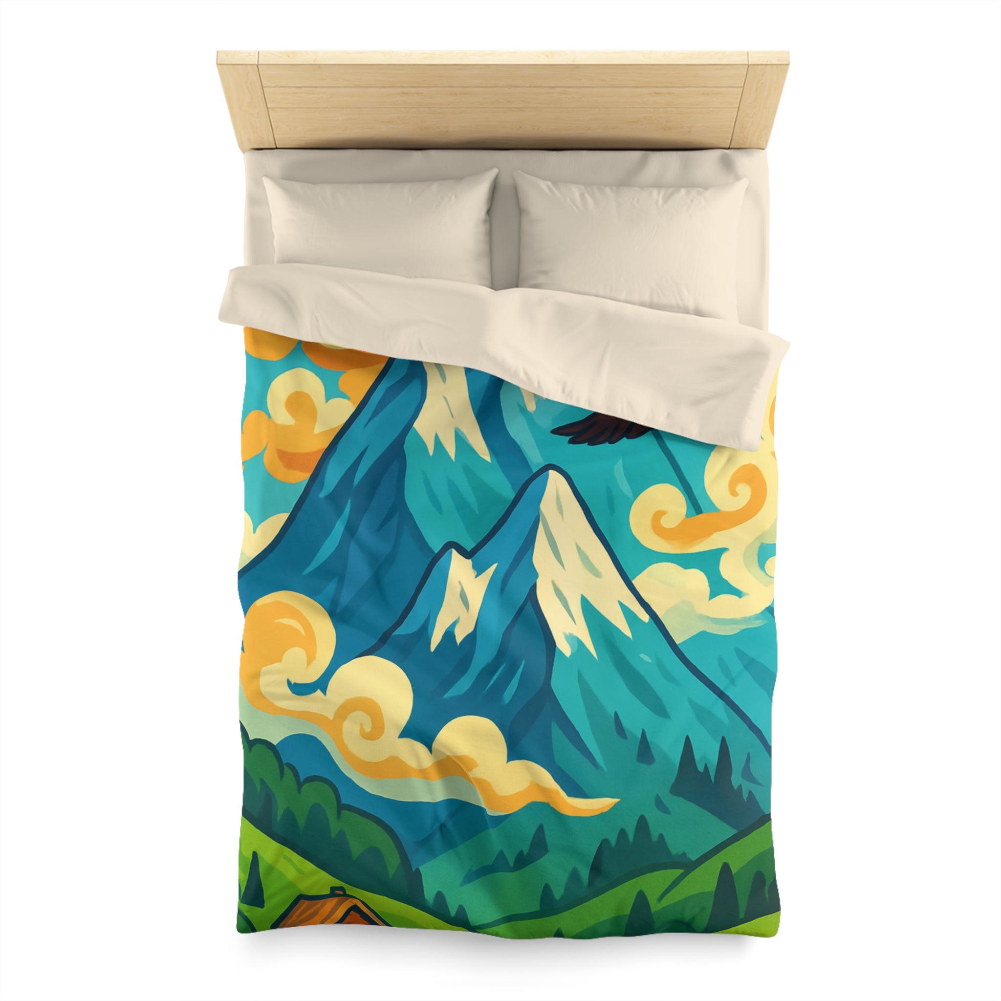 Housse de couette montagne colorée avec aigle et chalets pour chambre moderne