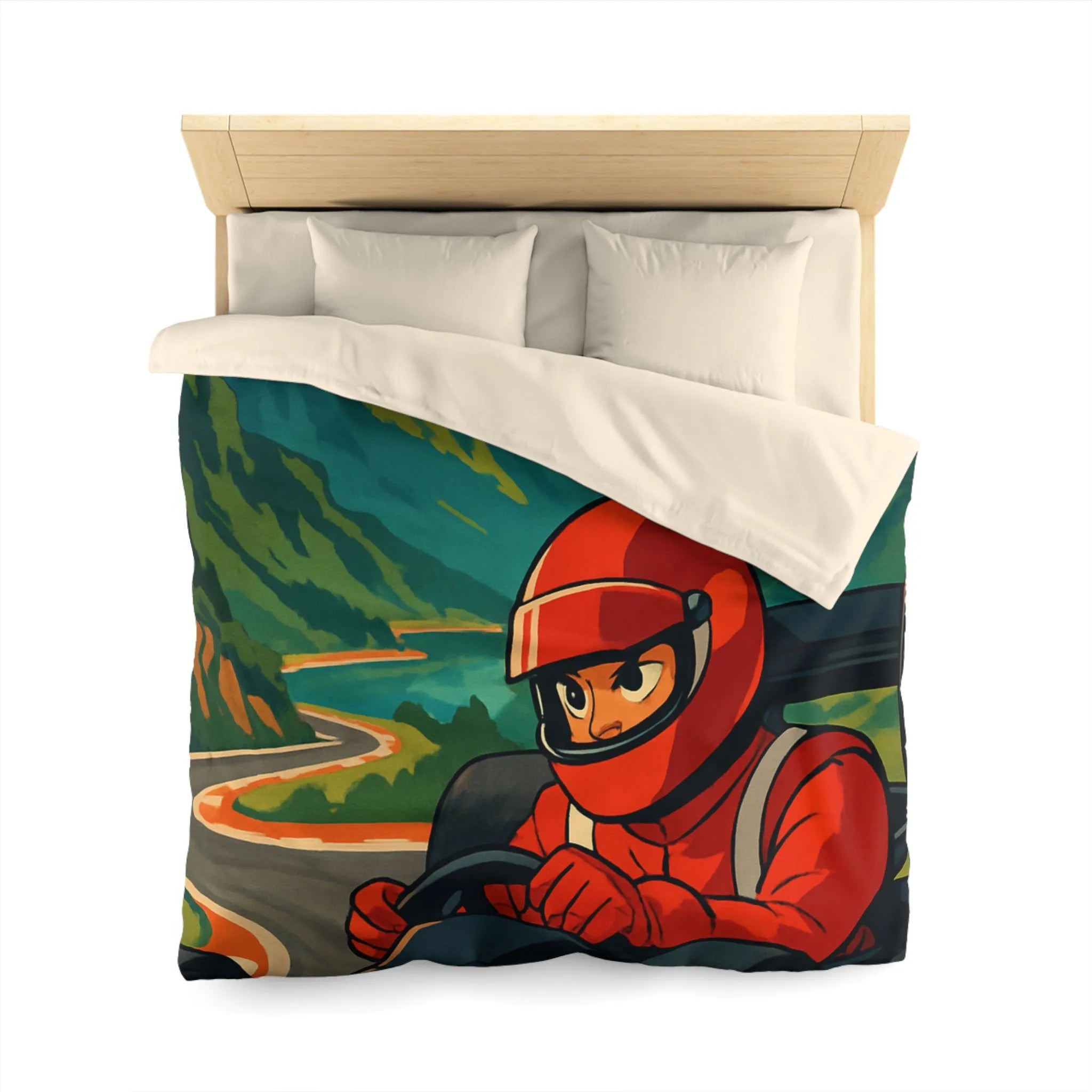 Housse de couette inspirée par une course en montagne avec conducteur en combinaison rouge