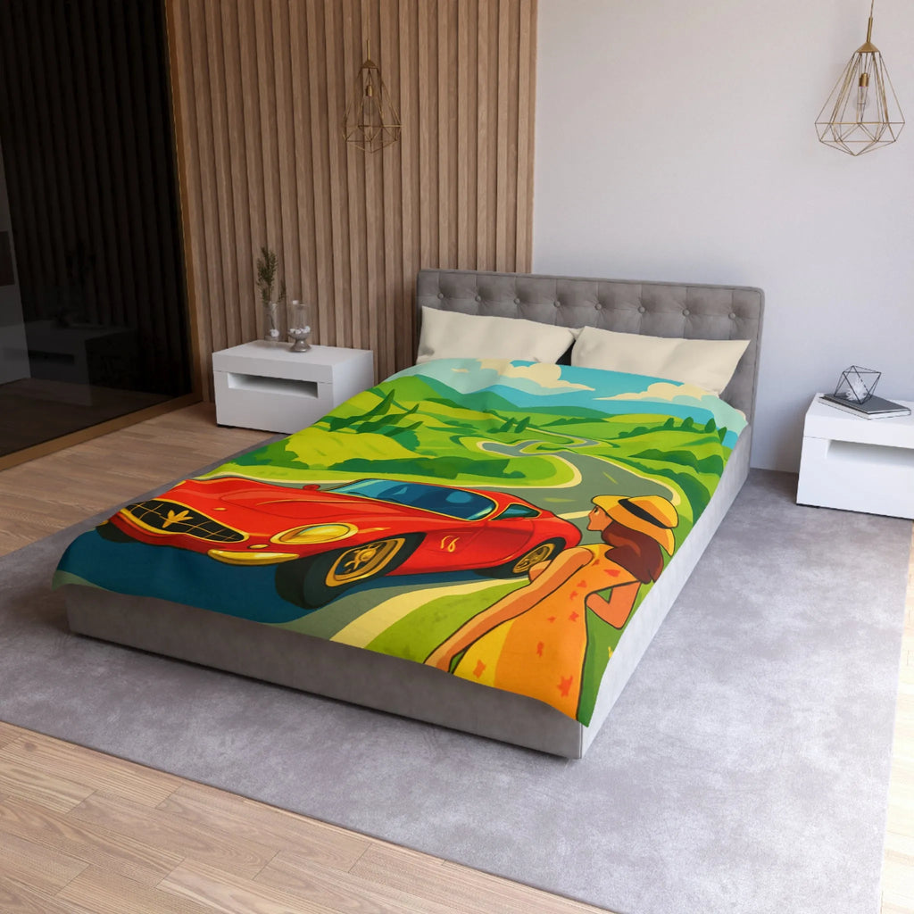Housse de Couette Colorée avec Paysage Champêtre, Route Sinueuse et Voiture Rouge