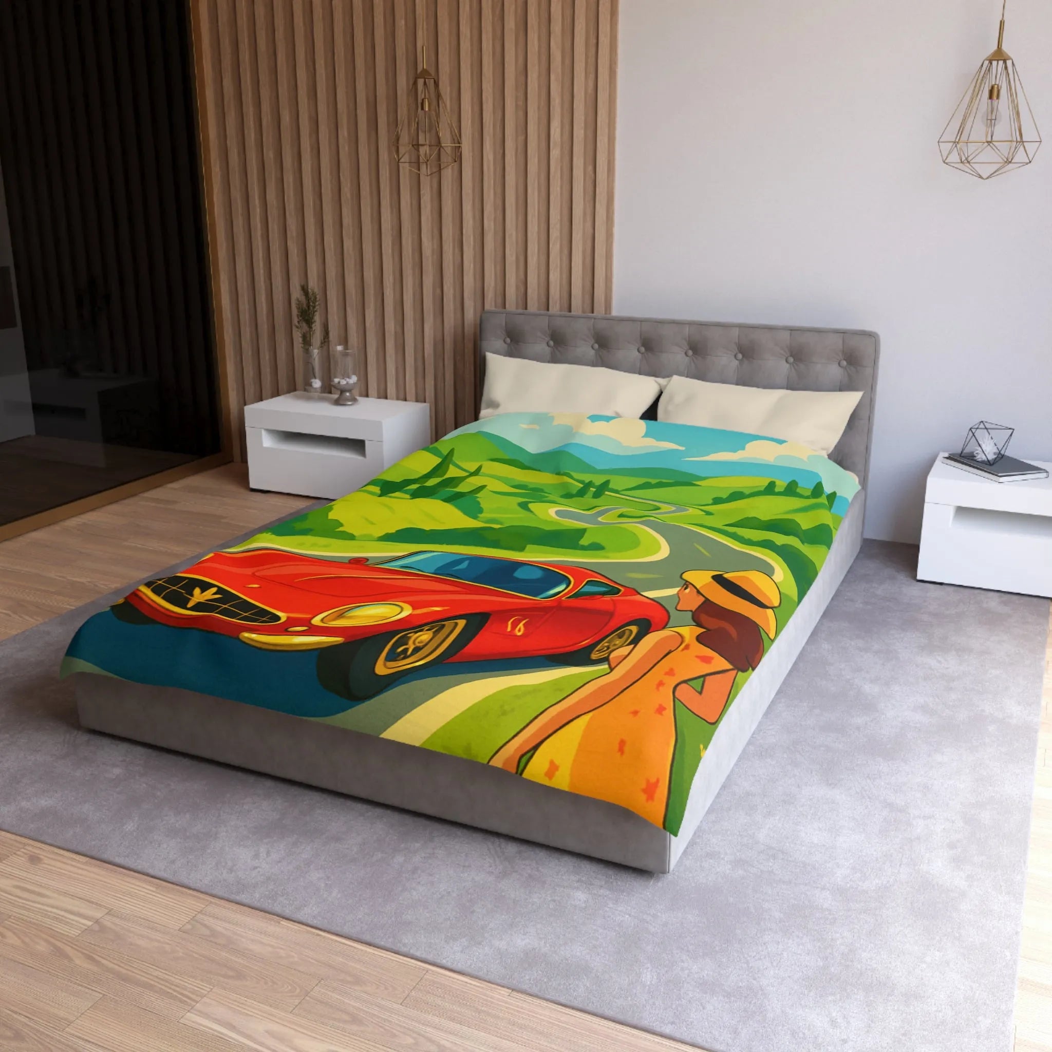 Housse de Couette Colorée avec Paysage Champêtre, Route Sinueuse et Voiture Rouge