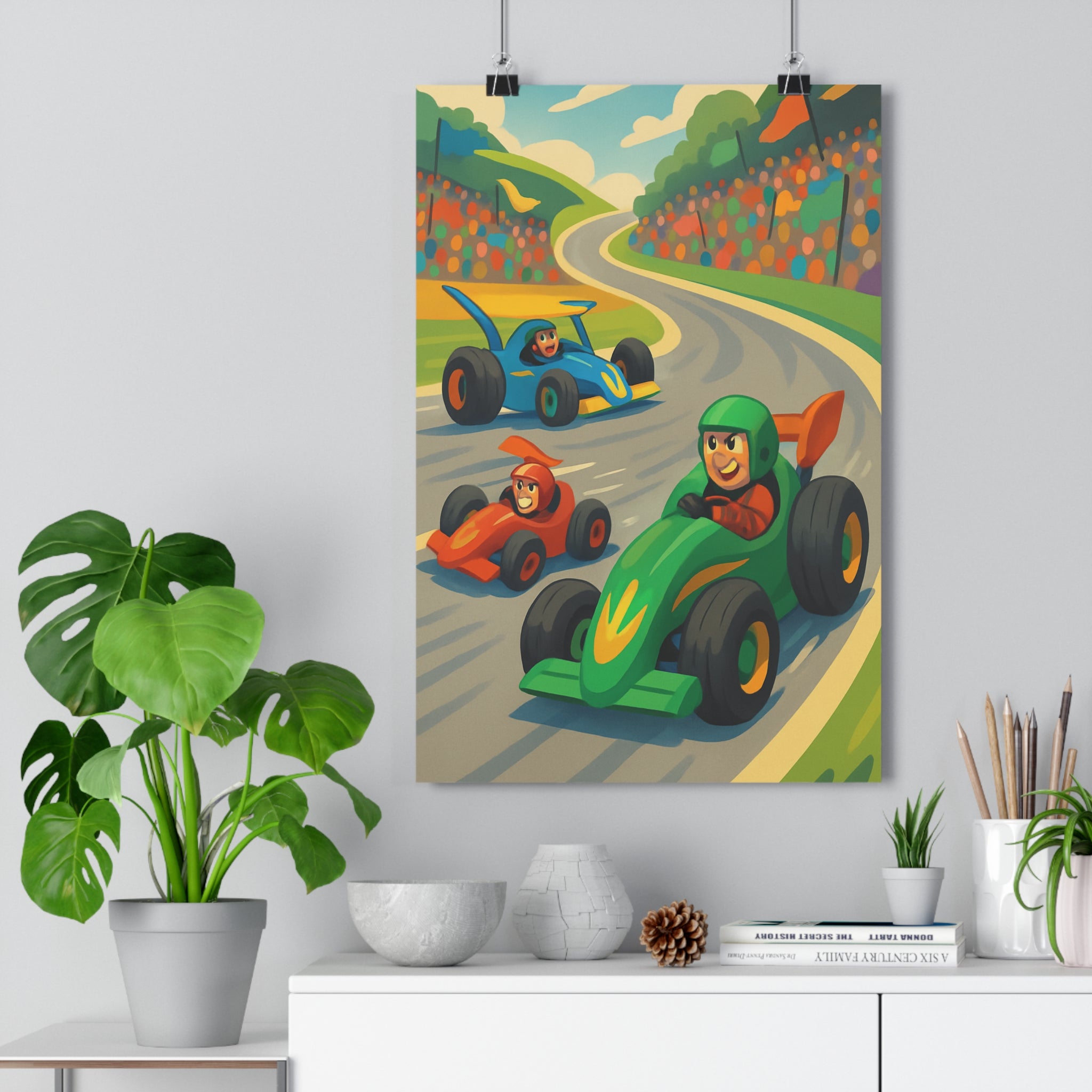 Poster décoratif cartoon joyeux vert bleu rouge chambre enfant dynamique original vibrant fun course