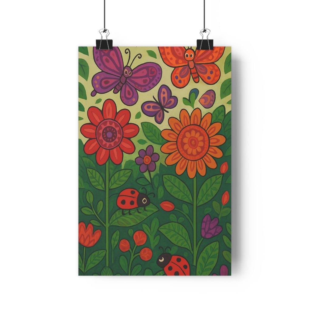 Poster décoratif enchanteur fleurs colorées papillons joyeux art nouveau animé jardin salon chambre qualité