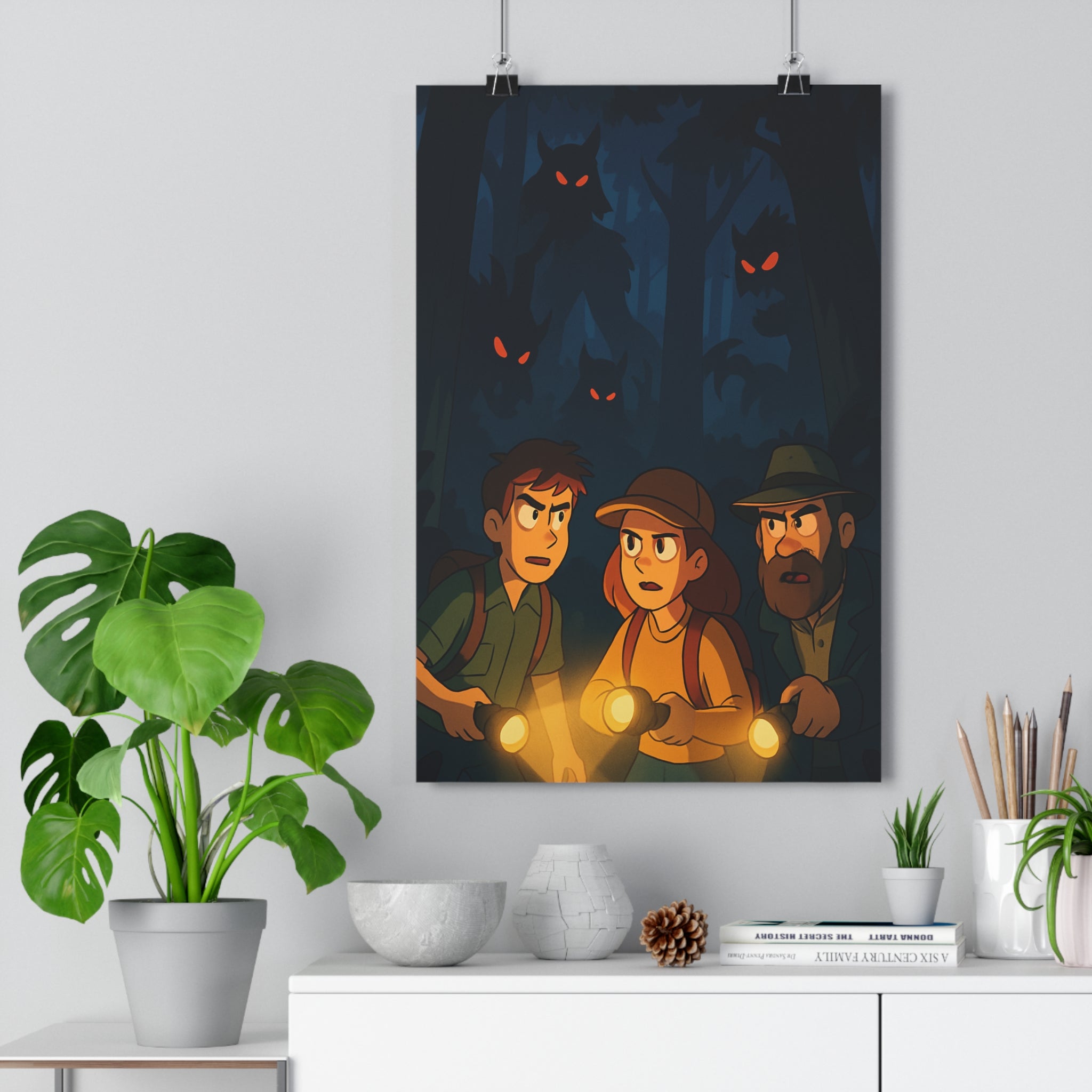 Poster décoratif sombre mystérieux forêt personnages aventure nuit exploration silhouettes yeux rouges dramatique qualité