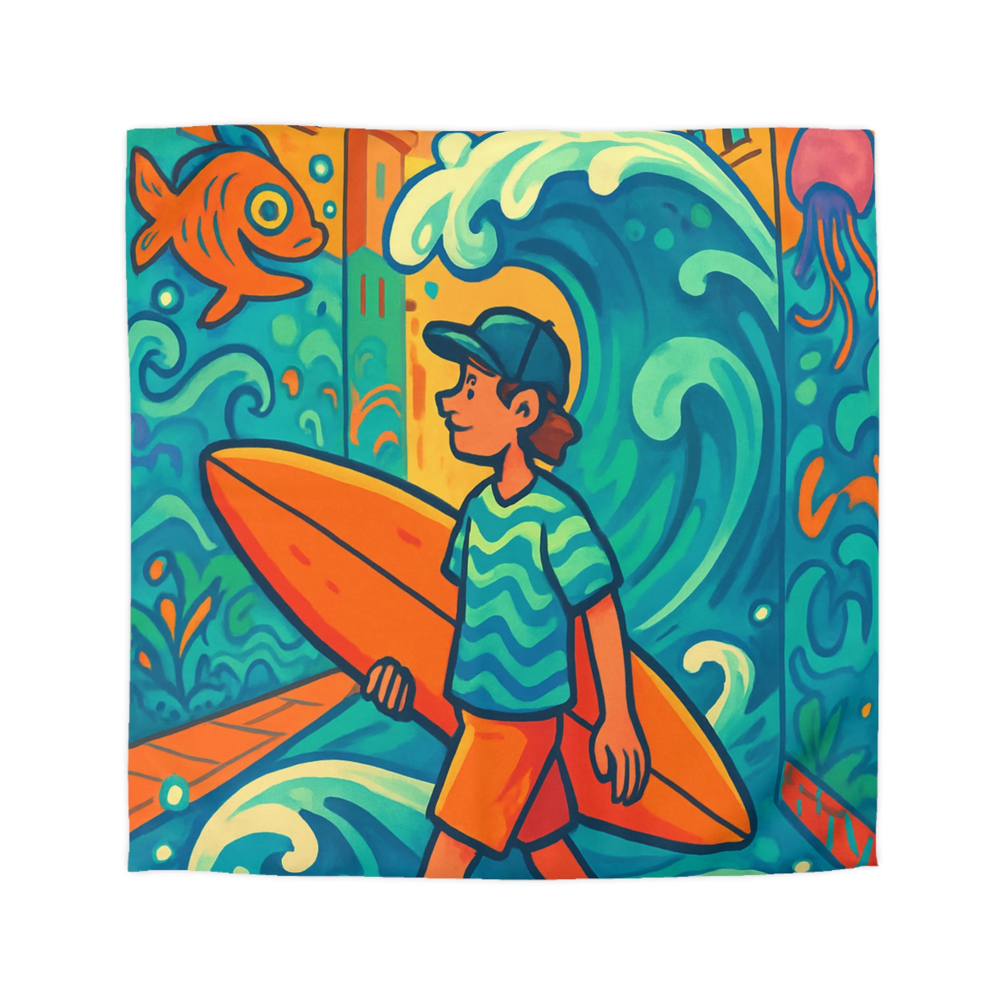 Housse de Couette Vibrante pour Surfeurs Mélangeant Art Surréaliste et Exploration Urbaine