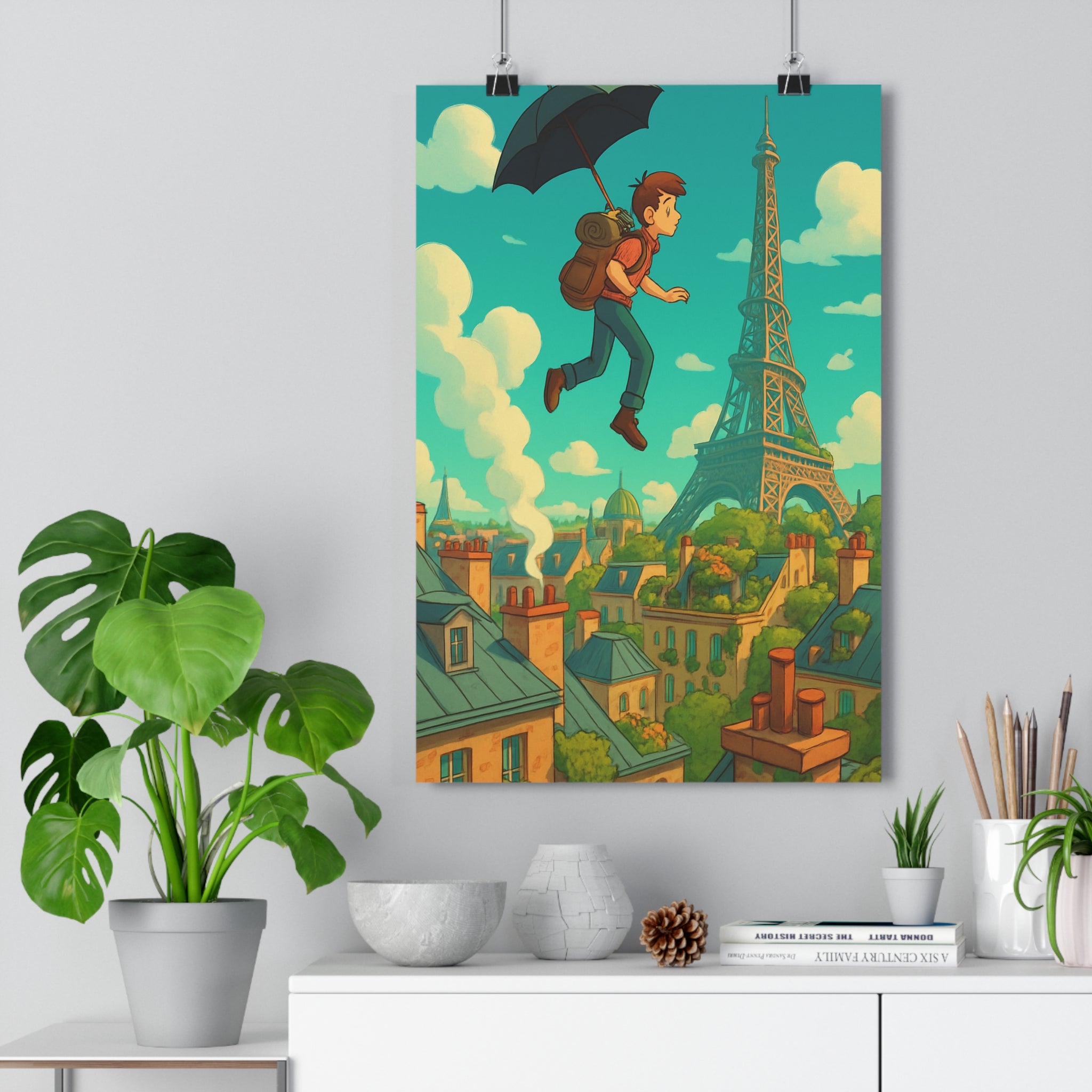 Poster décoratif cartoon Paris surréaliste coloré rêveur joyeux chambre salon bureau tour Eiffel 30x46