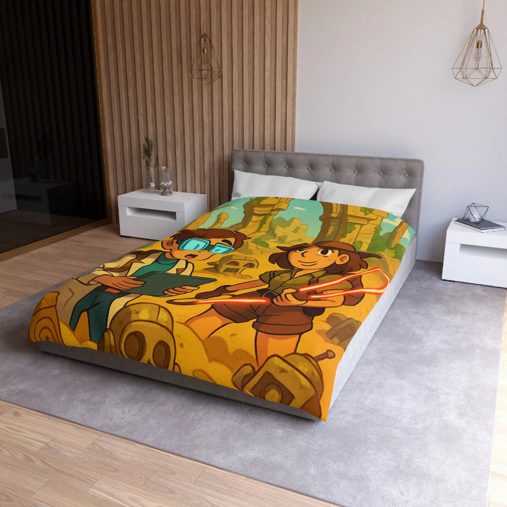 Housse de couette aventuriers explorant ruines mystérieuses en style cartoon animé coloré