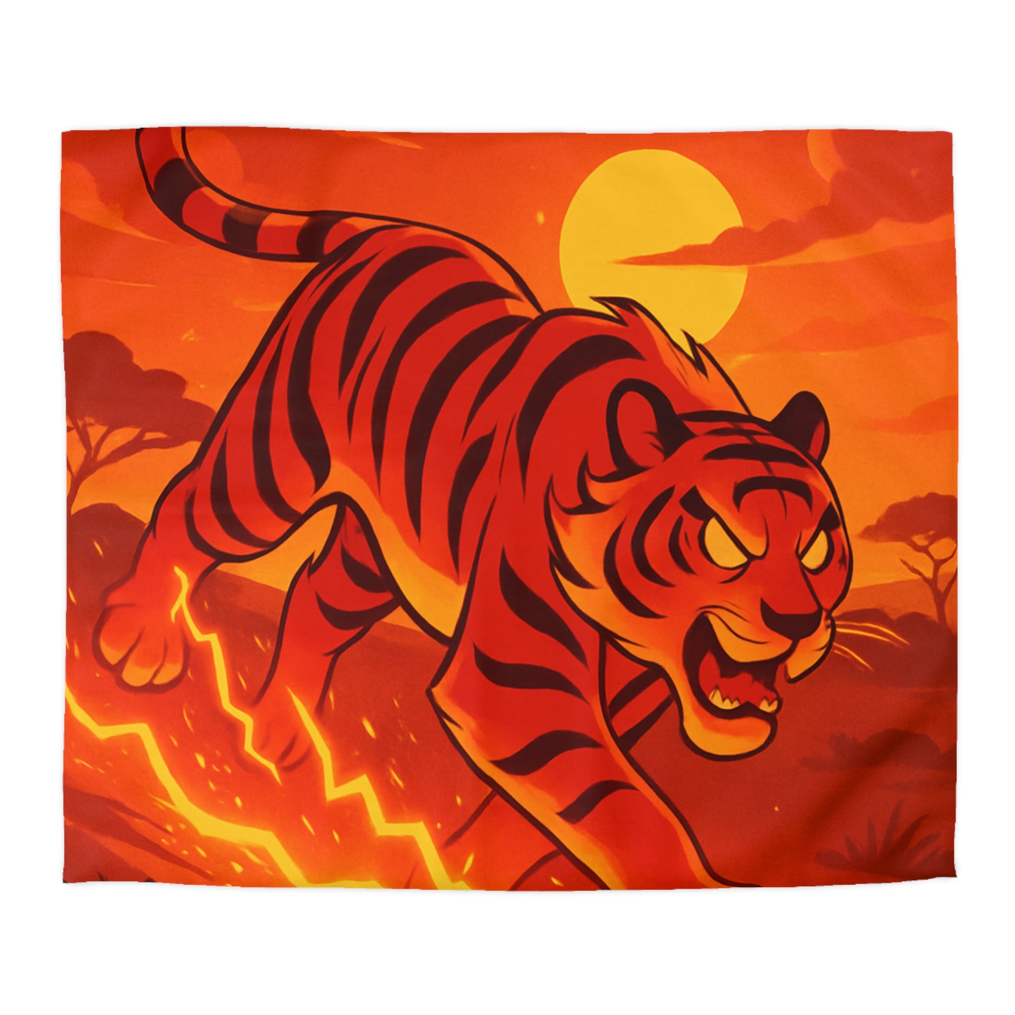 Housse de couette tigre dynamique avec coucher de soleil flamboyant en arrière-plan vibrant