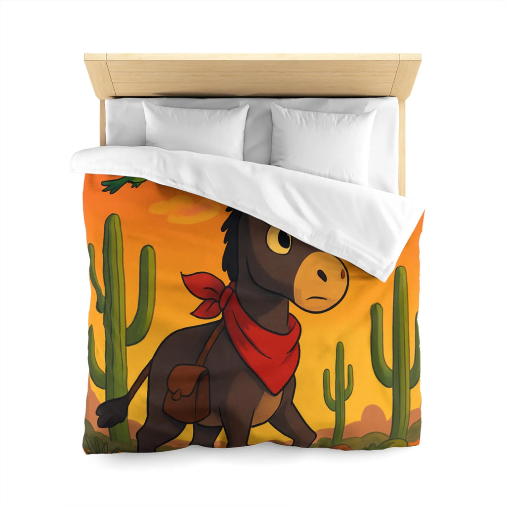 Housse de couette avec âne mignon et oiseaux colorés en désert animé