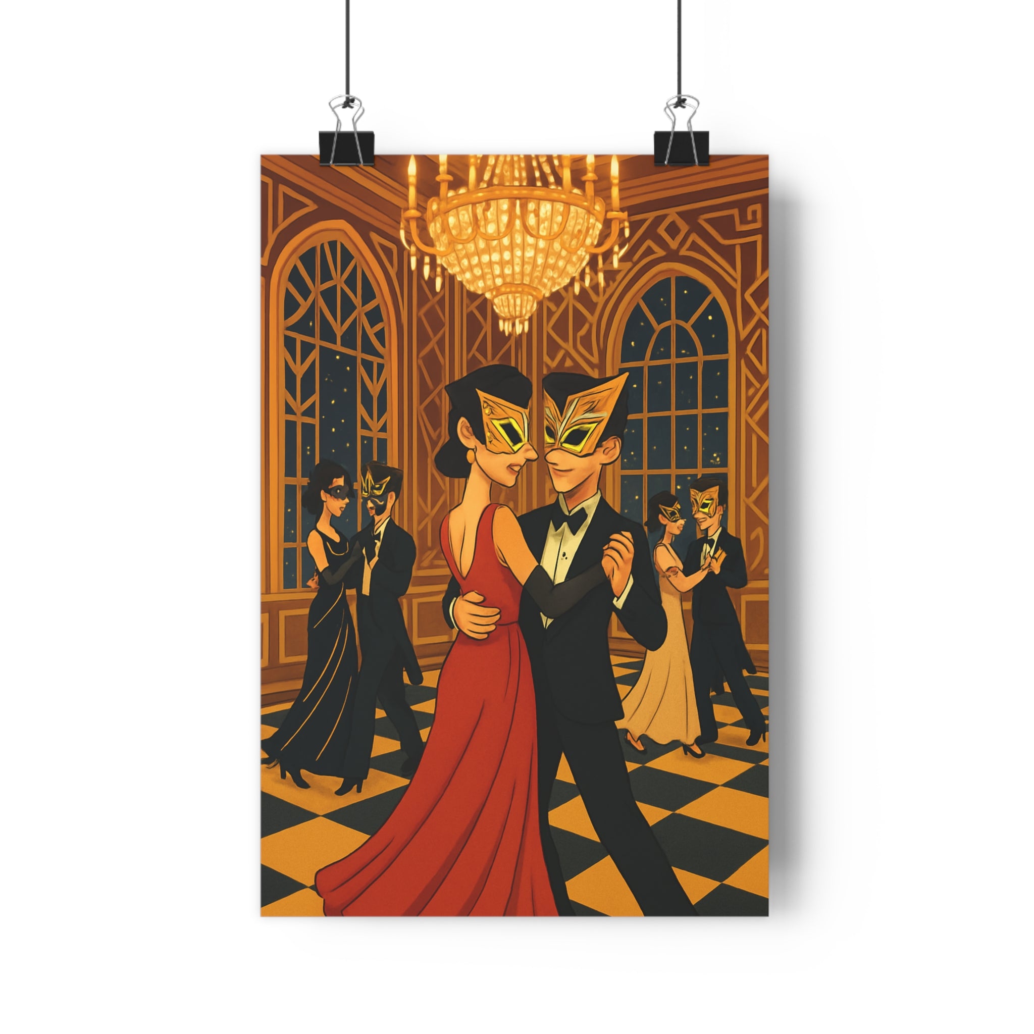 Poster décoratif bal masqué art déco rouge doré élégant mystique salon chambre format 30x46