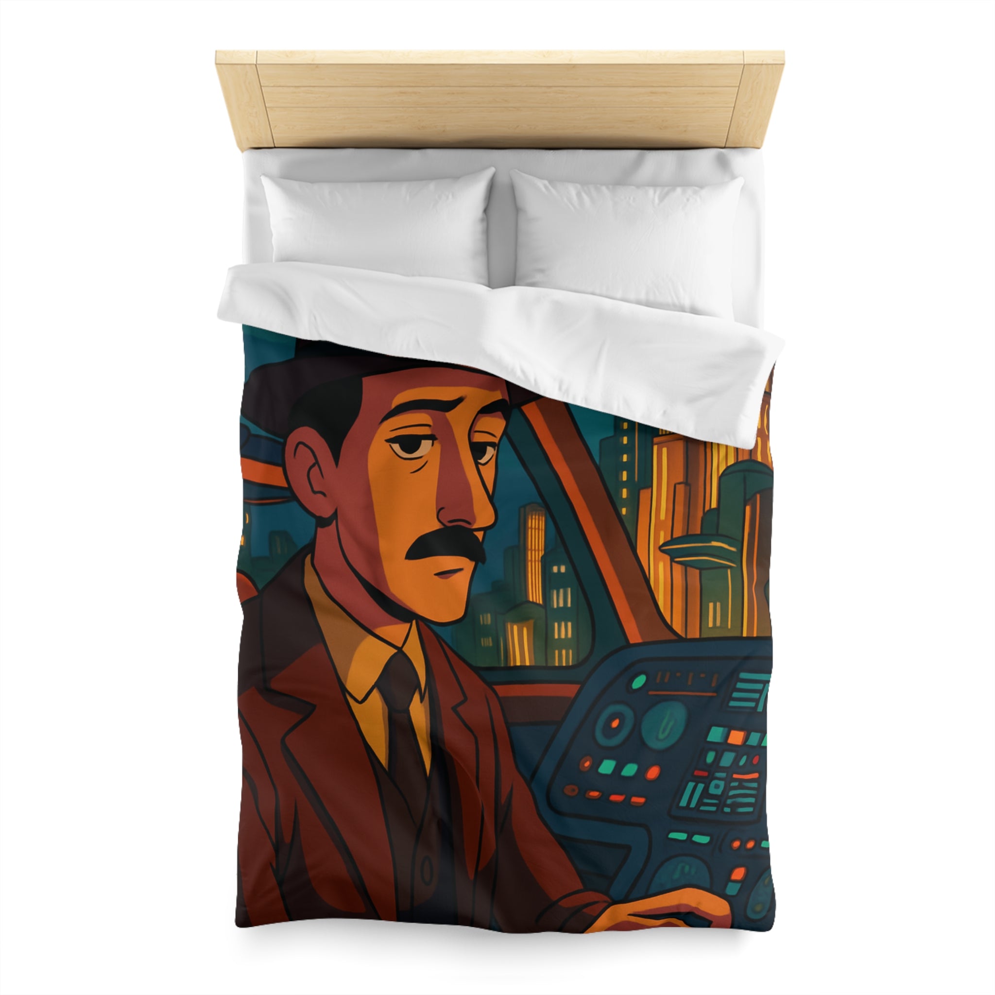 Housse de couette rétro-futuriste avec illustration de ville et pilote dans vaisseau