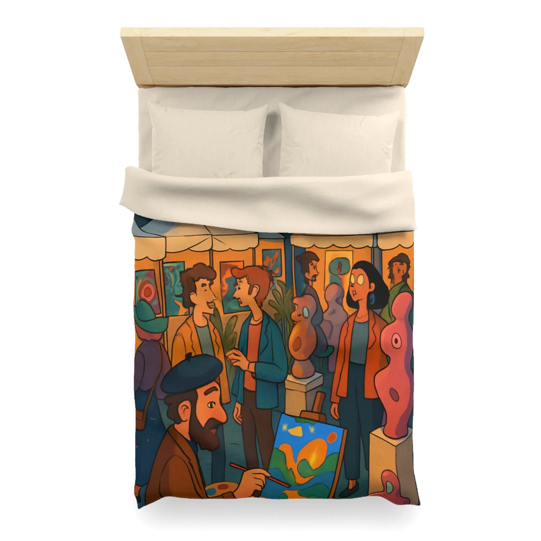 Housse de couette avec scène de marché nocturne animé et sculptures colorées