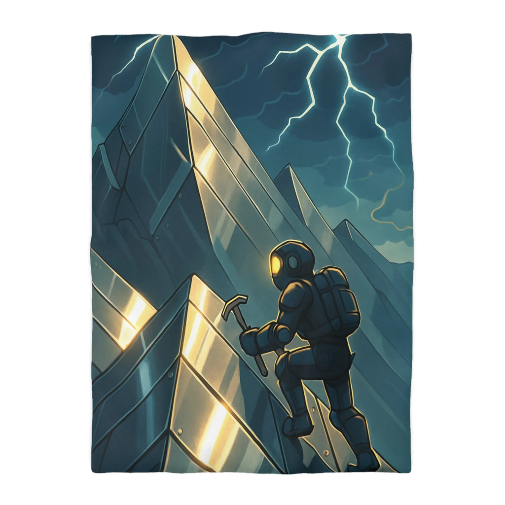 Housse de couette futuriste avec alpiniste et montagnes sous orage électrique