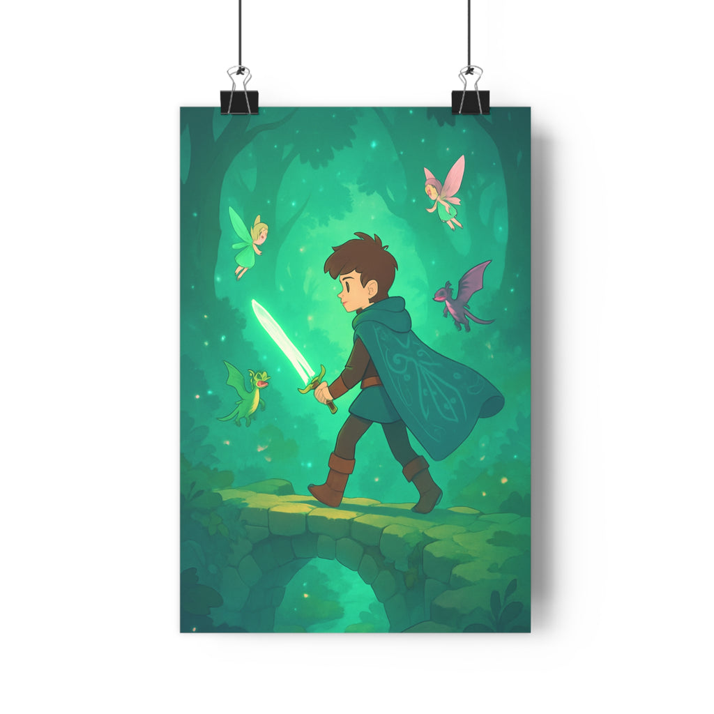 Poster décoratif aventure médiévale magique forêt enchantée épée lumineuse créatures fantastiques enfant chambre mystérieuse