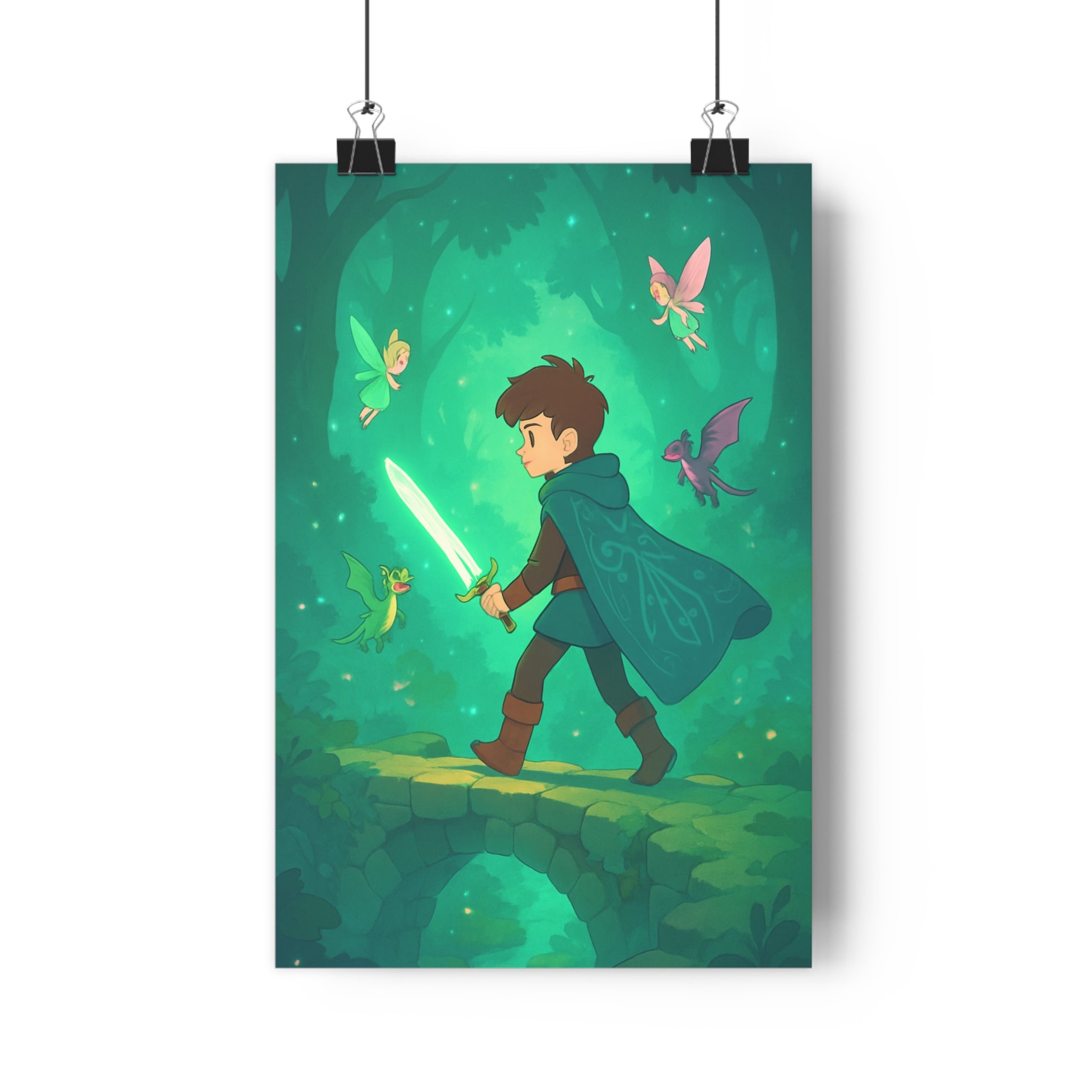 Poster décoratif aventure médiévale magique forêt enchantée épée lumineuse créatures fantastiques enfant chambre mystérieuse