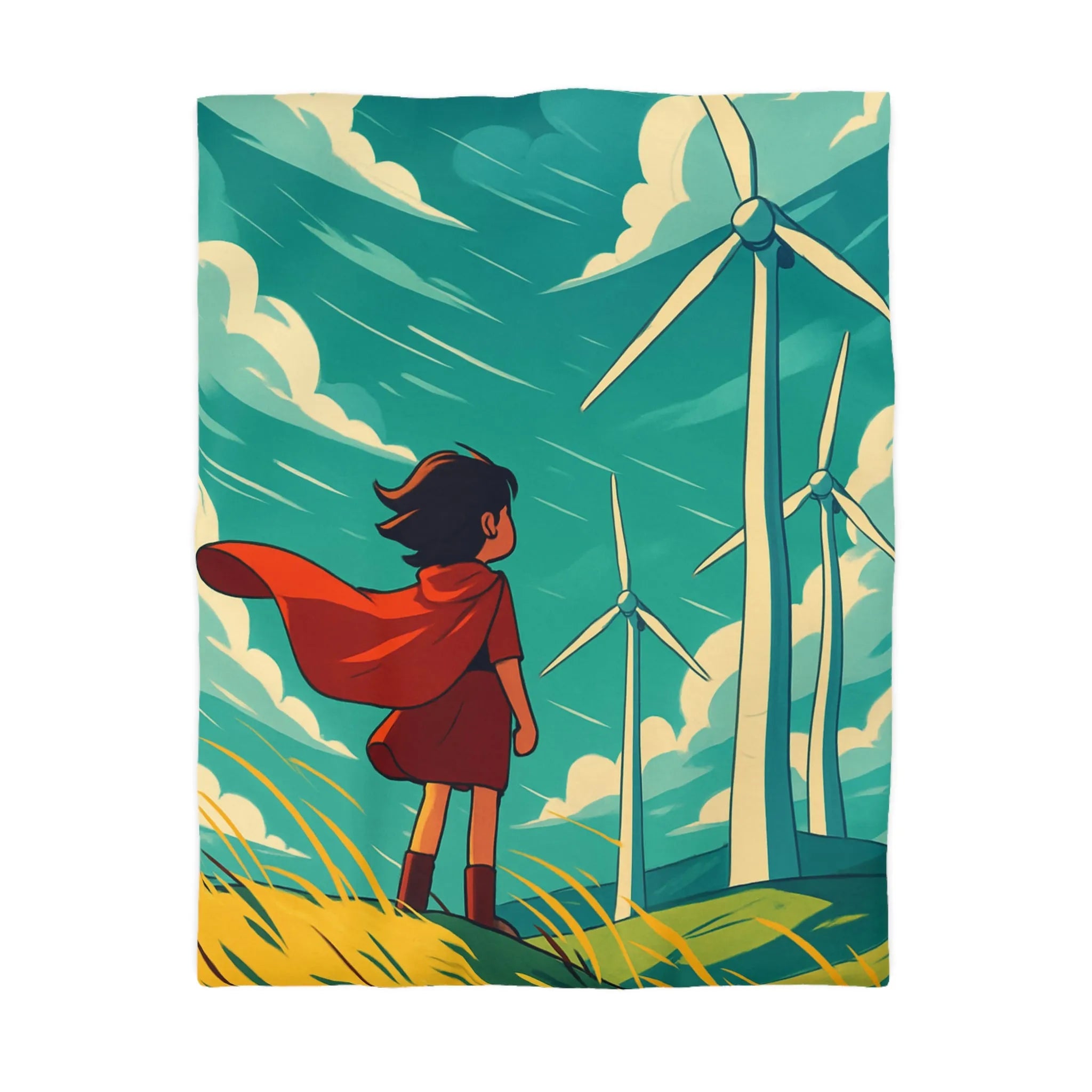 Housse de Couette Enfant avec Éoliennes et Paysage Venté Rouge et Bleu