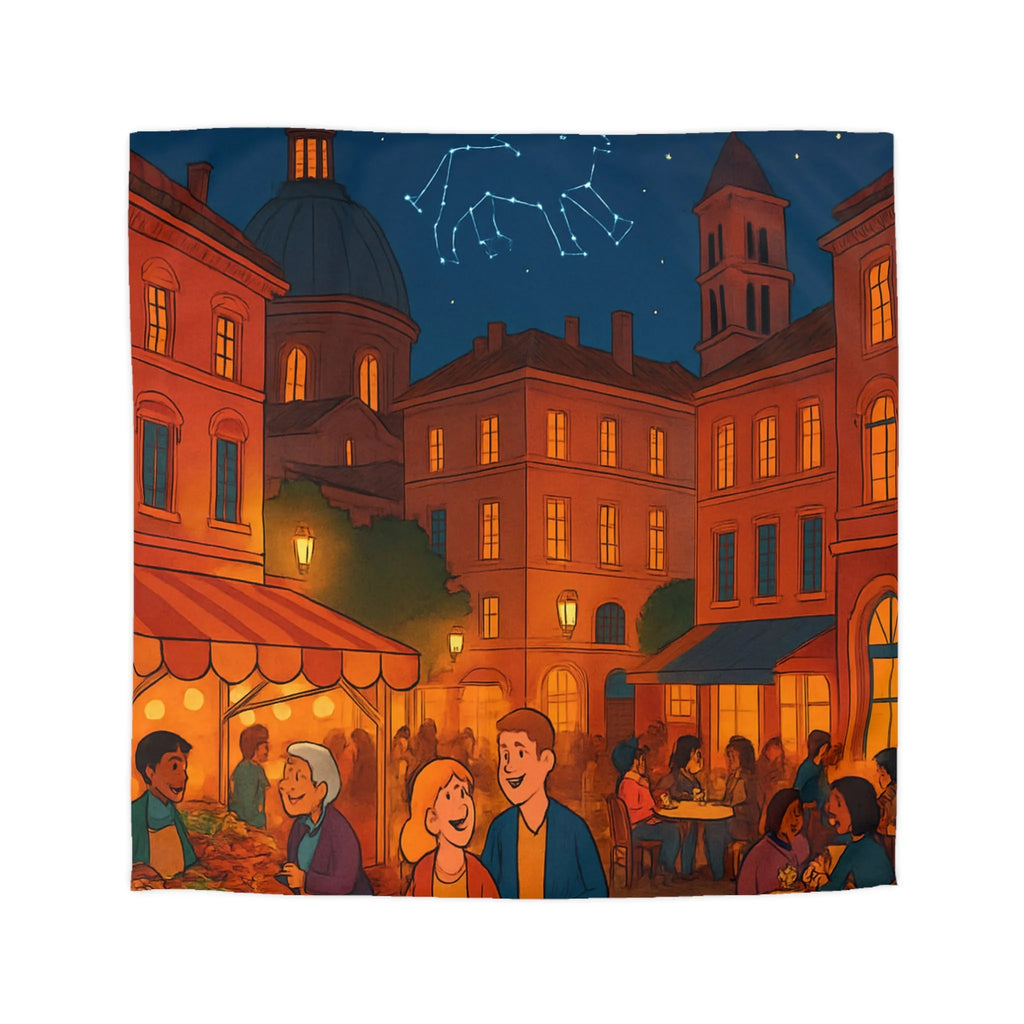 Housse de couette avec scène nocturne urbaine animée sous ciel étoilé