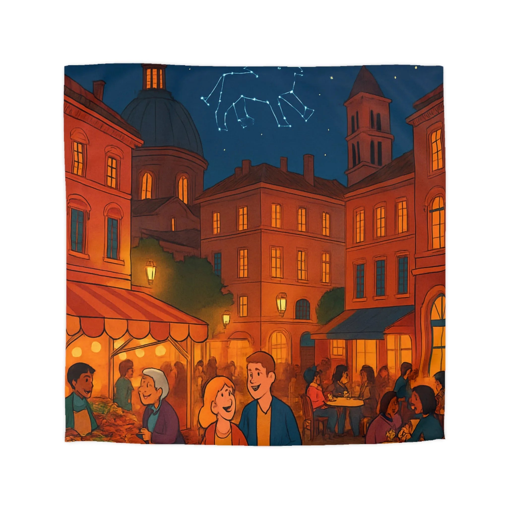 Housse de couette avec scène nocturne urbaine animée sous ciel étoilé