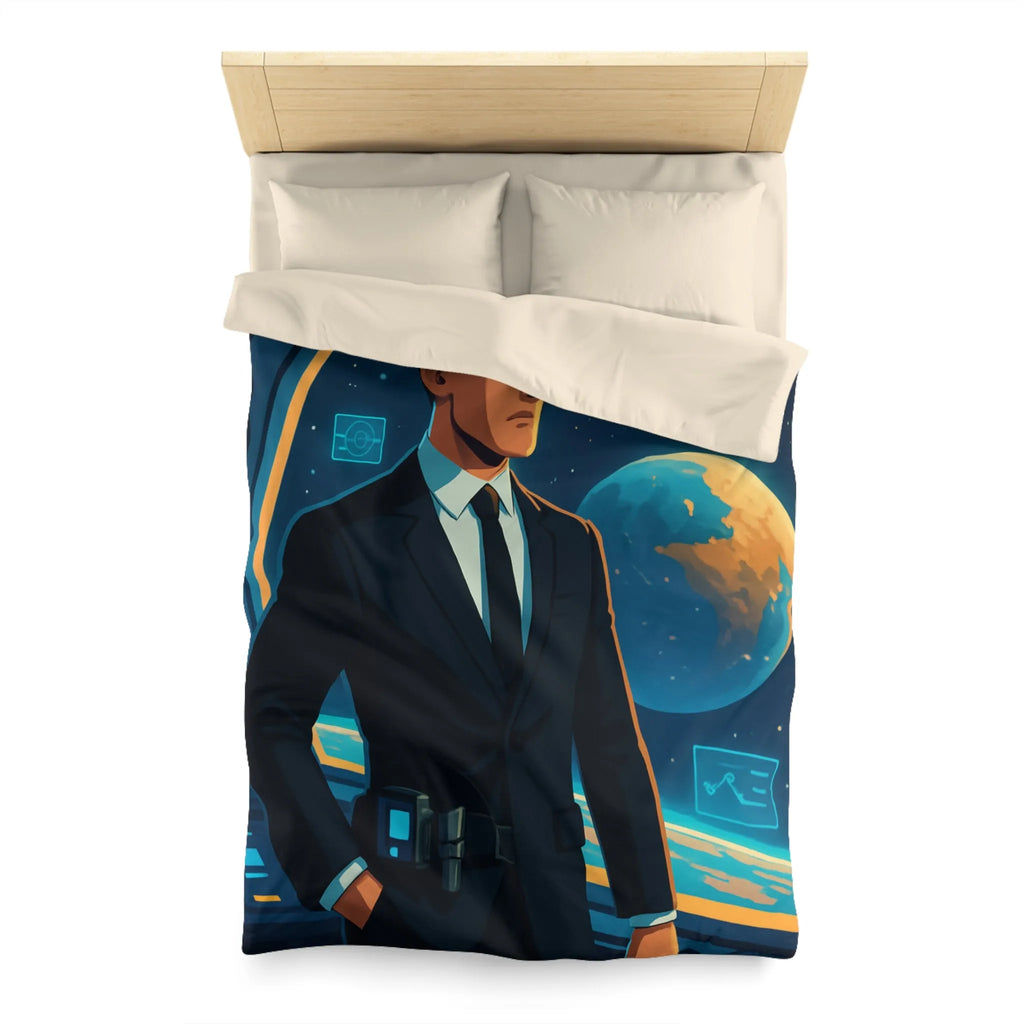 Housse de couette futuriste avec agent spatial et paysages cosmiques numériques immersifs