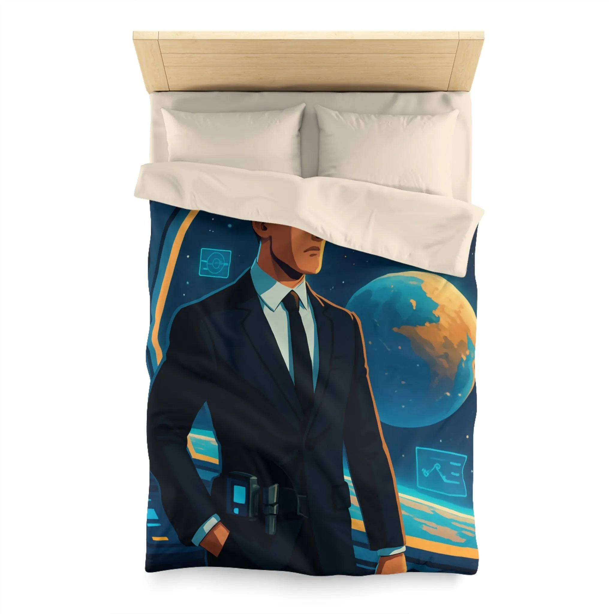 Housse de couette futuriste avec agent spatial et paysages cosmiques numériques immersifs