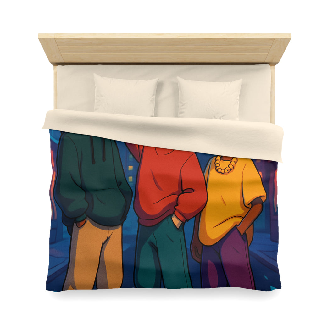 Housse de couette urbaine colorée avec adolescents et radio cassette dans la rue nocturne