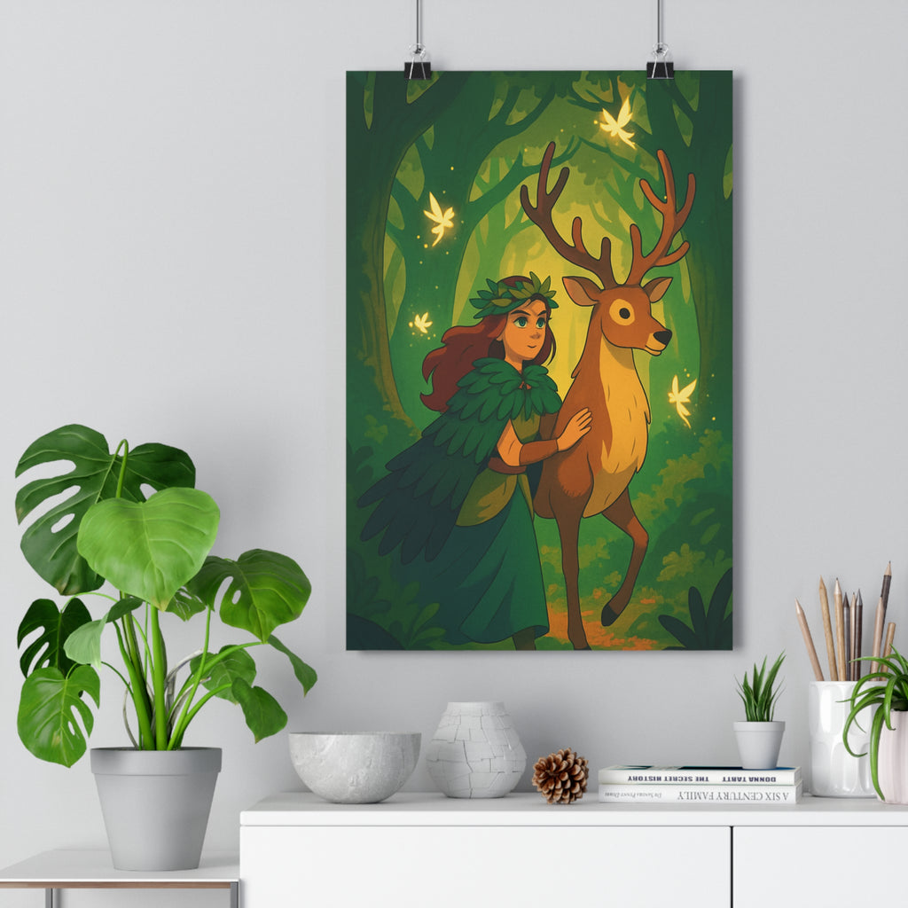 Poster décoratif anime forêt magique vert doré féerique chambre apaisante 30x46 lumineux vibrant qualité