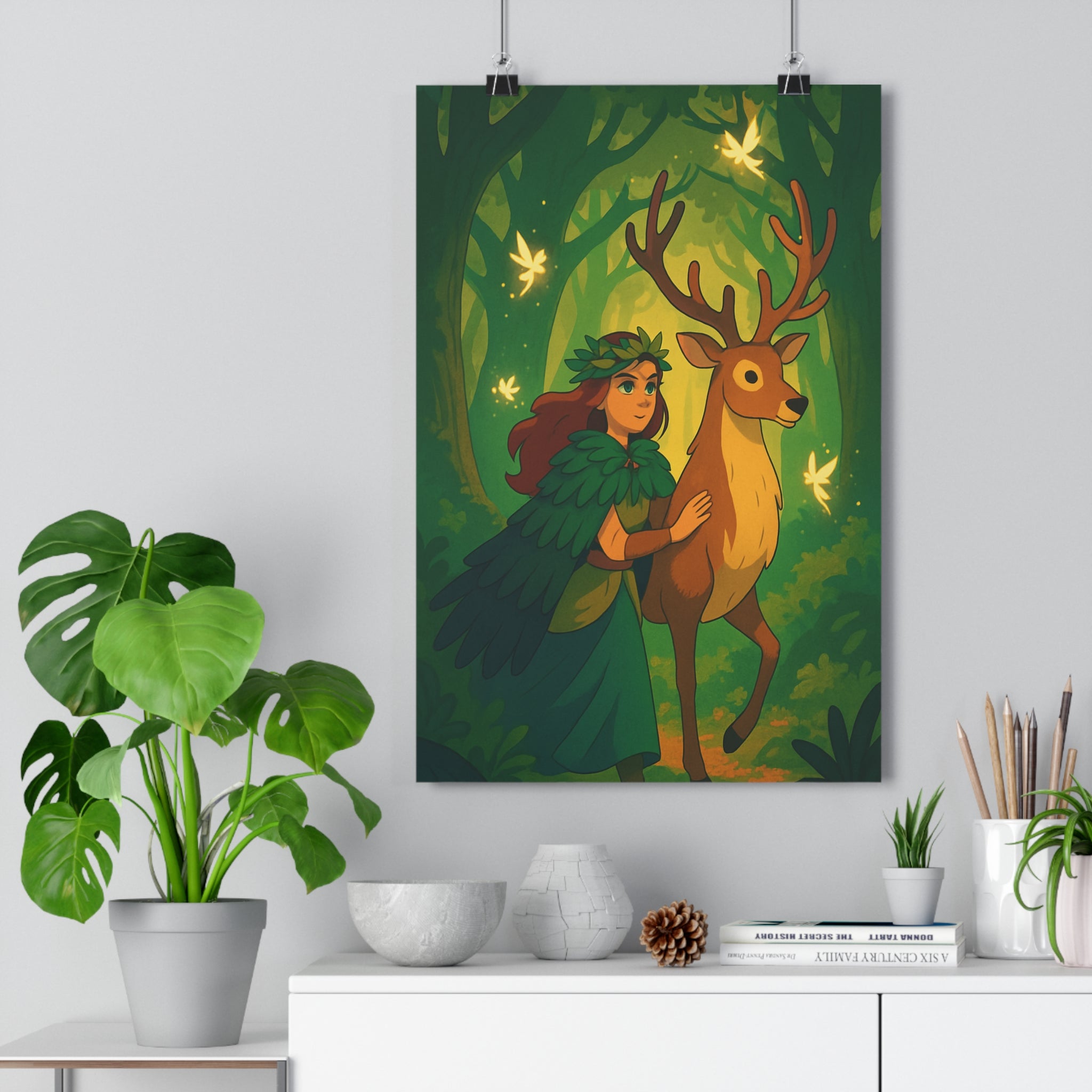 Poster décoratif anime forêt magique vert doré féerique chambre apaisante 30x46 lumineux vibrant qualité
