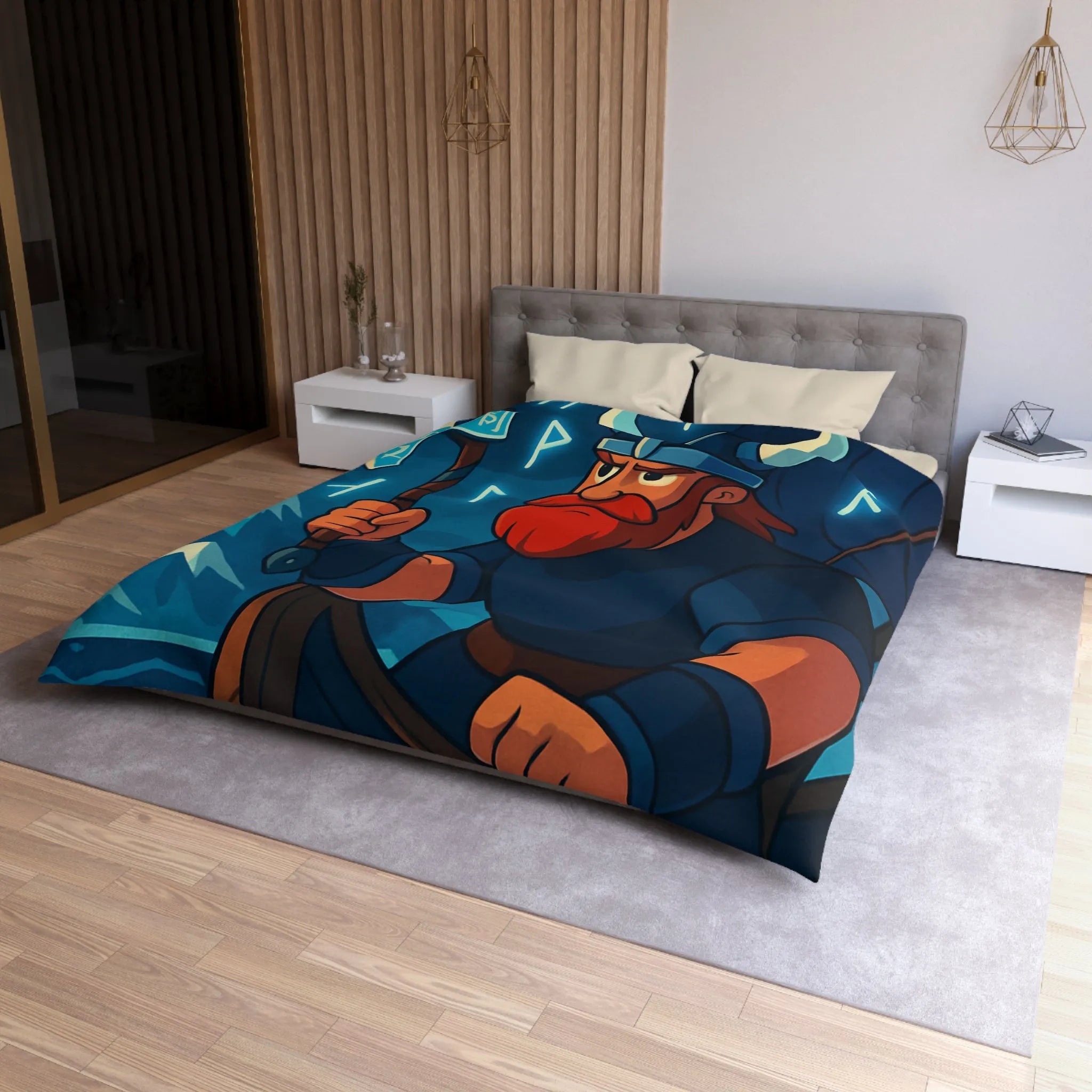 Housse de couette avec Viking barbu voguant sur mer tumultueuse sous ciel nocturne