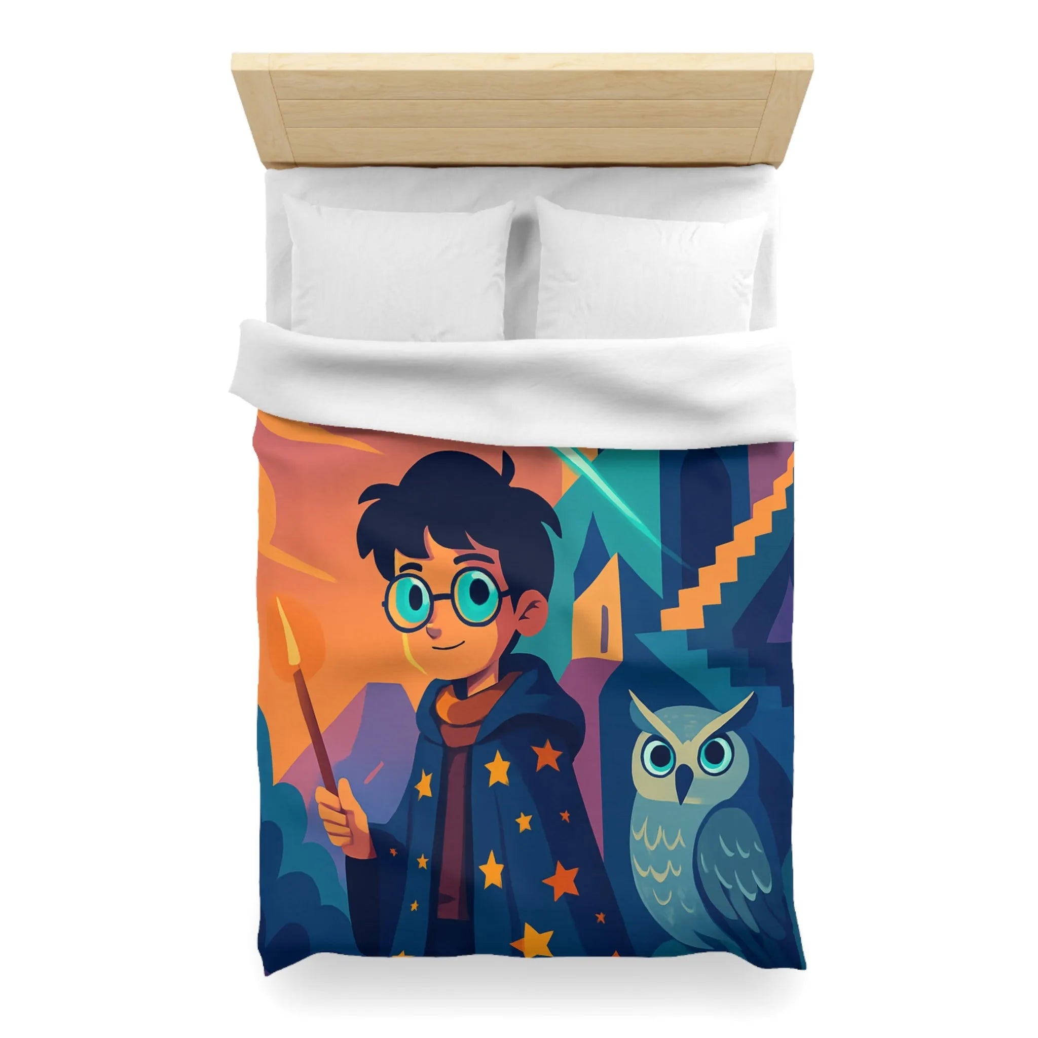 Housse de couette magique avec motif de garçon sorcier et hibou lumineux