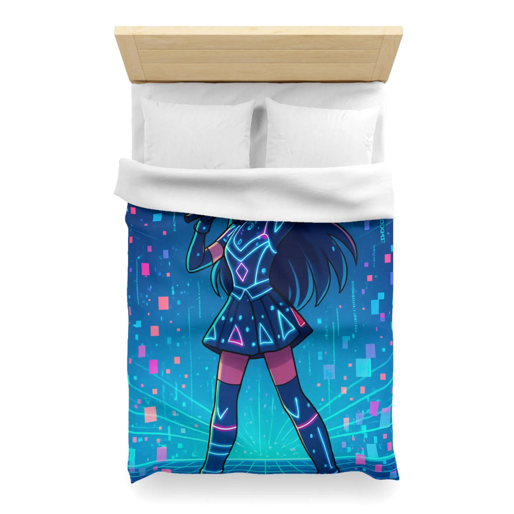 Housse de Couette Fille Chanteuse Néon Style Futuriste Graphiques Lumineux Bleu Rose