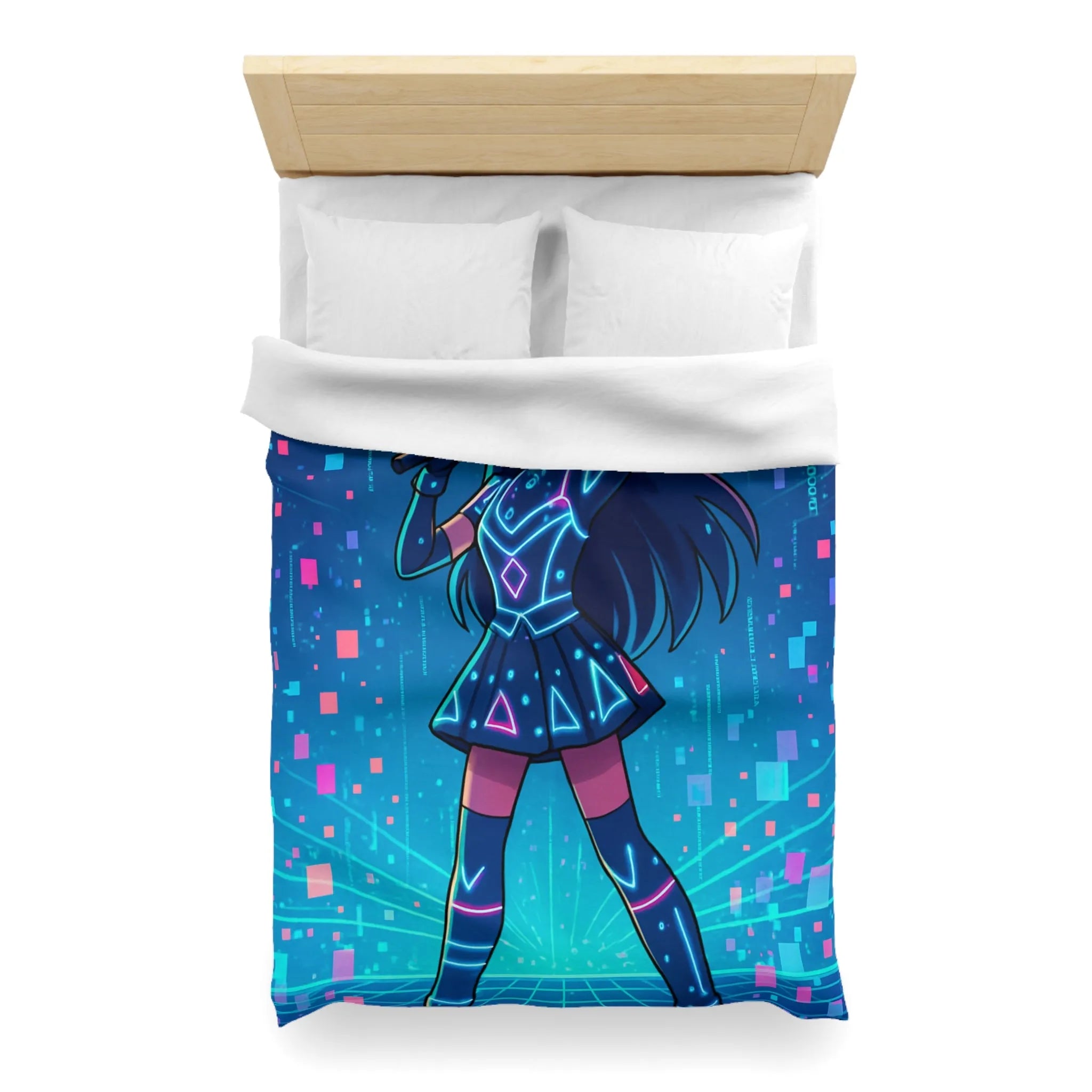 Housse de Couette Fille Chanteuse Néon Style Futuriste Graphiques Lumineux Bleu Rose