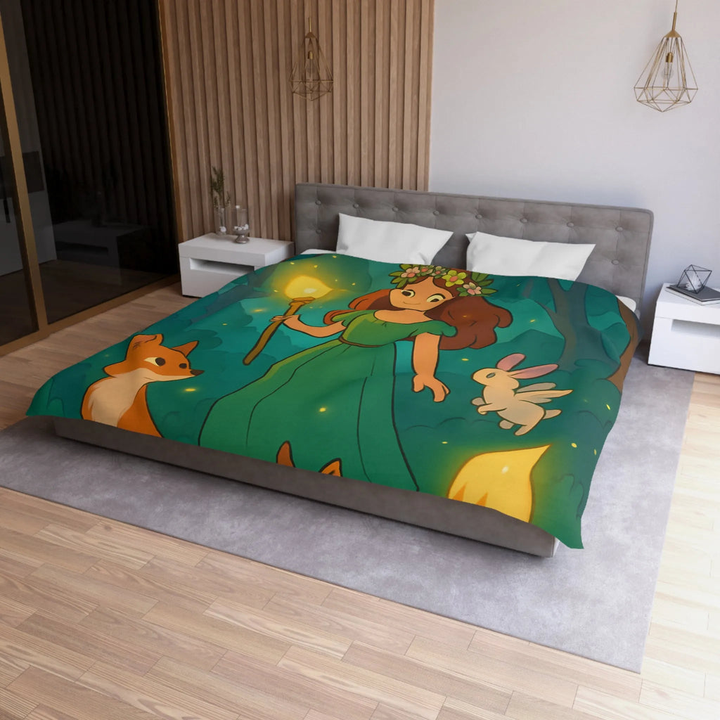 Housse de couette féerique avec fille et animaux en forêt enchantée, lumineuse et magique