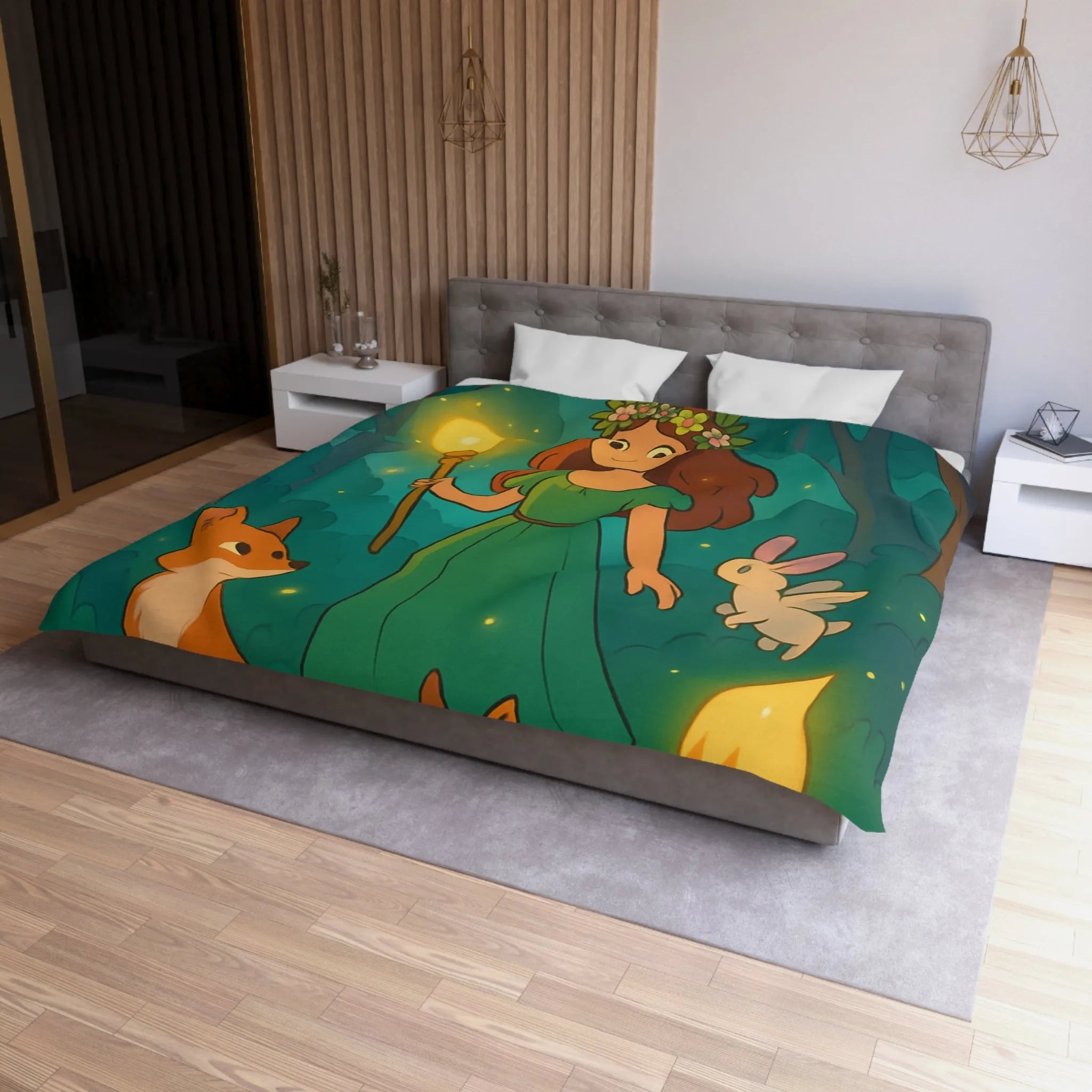 Housse de couette féerique avec fille et animaux en forêt enchantée, lumineuse et magique