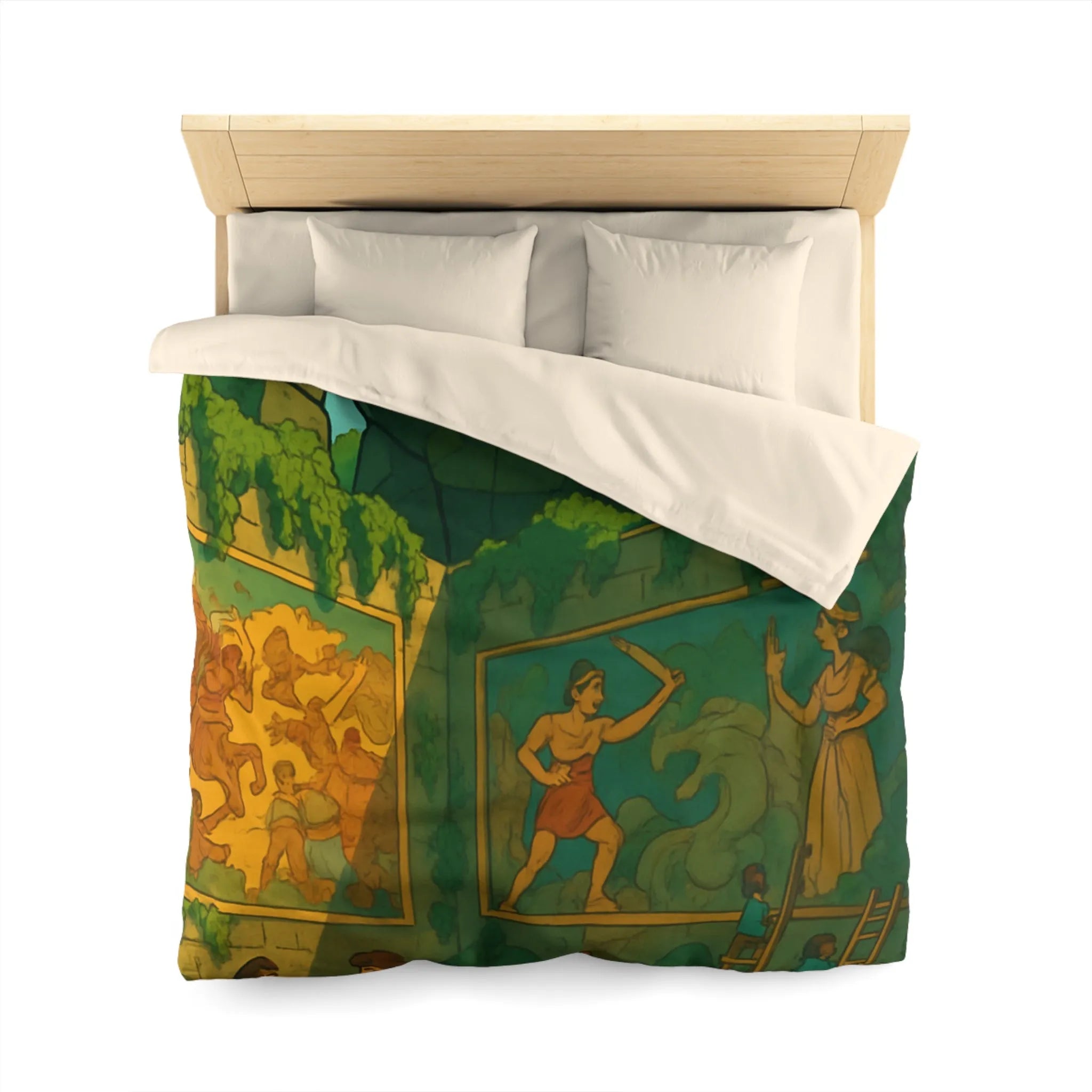 Enchantante parure de lit jardin fantastique avec golem géant et enfants joueurs colorés